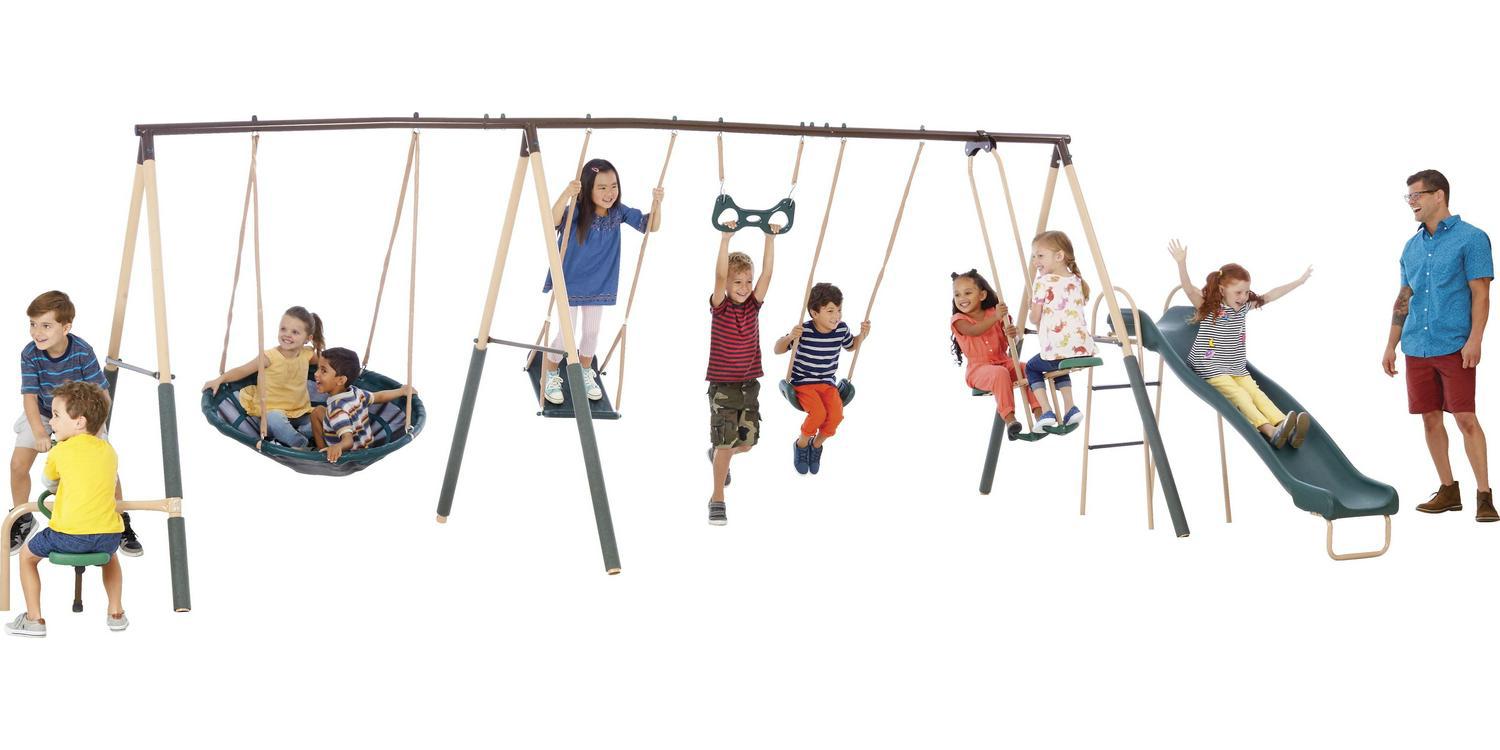 XDP Recreation Deerfield Metal Swing Set with Super Disc Swing. 6 - Ft Slide. Fun Glider See - Saw
