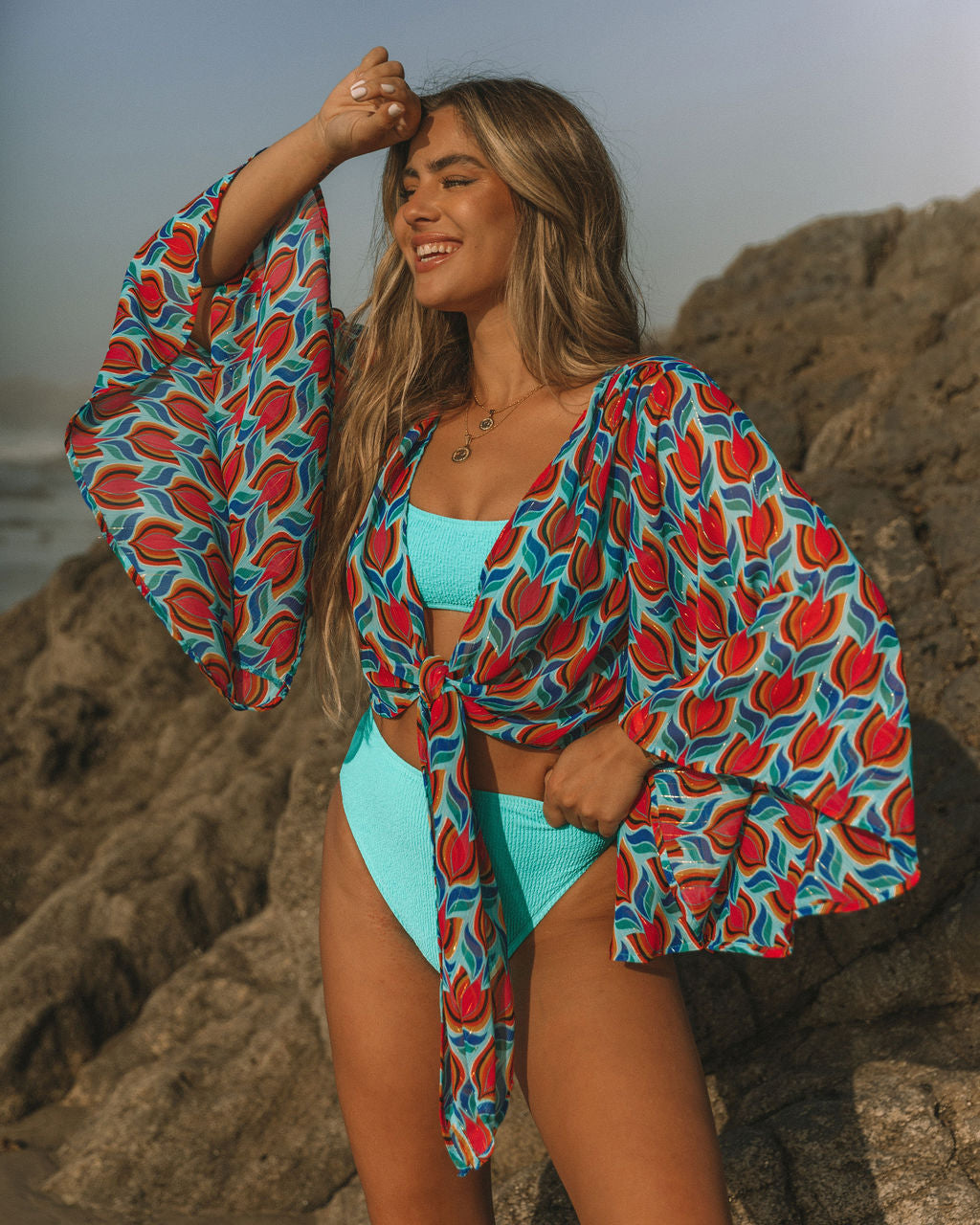 Juniper Printed Bell Sleeve Tie Front Crop Top - Multi - FINAL SALE - Se7enfashion