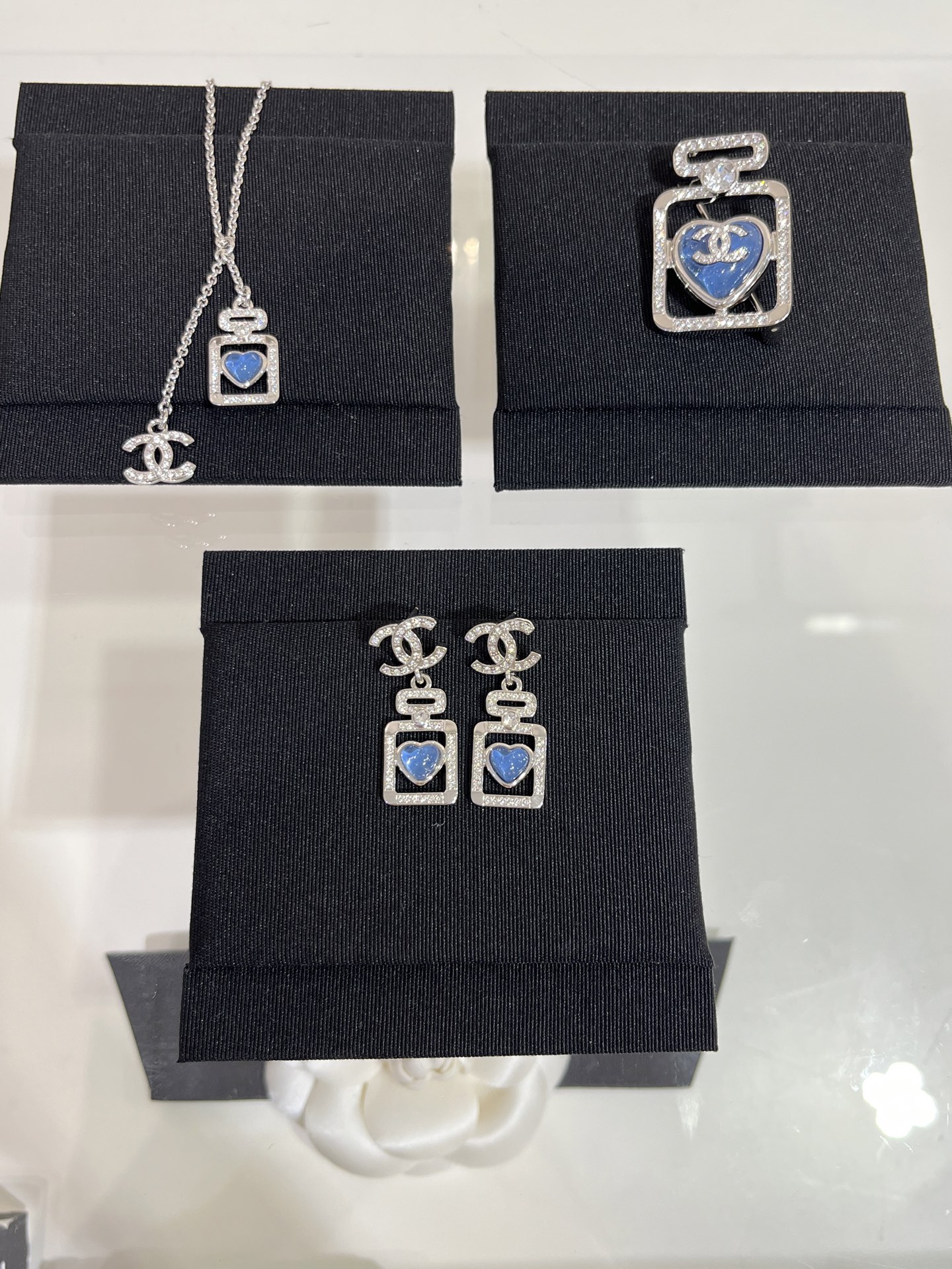 Chanel Heart Blue Crystal Perfume Bottle Earrings Brooch Necklace in Silver-tone - Original Replica Club