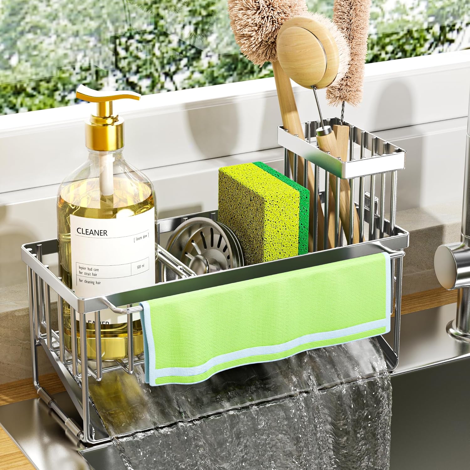 Cisily Sink Caddy Organzier with High Brush Holder, Sponge Holder for Sink, 304 Rustproof Stainless, Kitchen Countertop Soap Dispenser Organizer, Dark Gray Kitchen Decor and Accessories