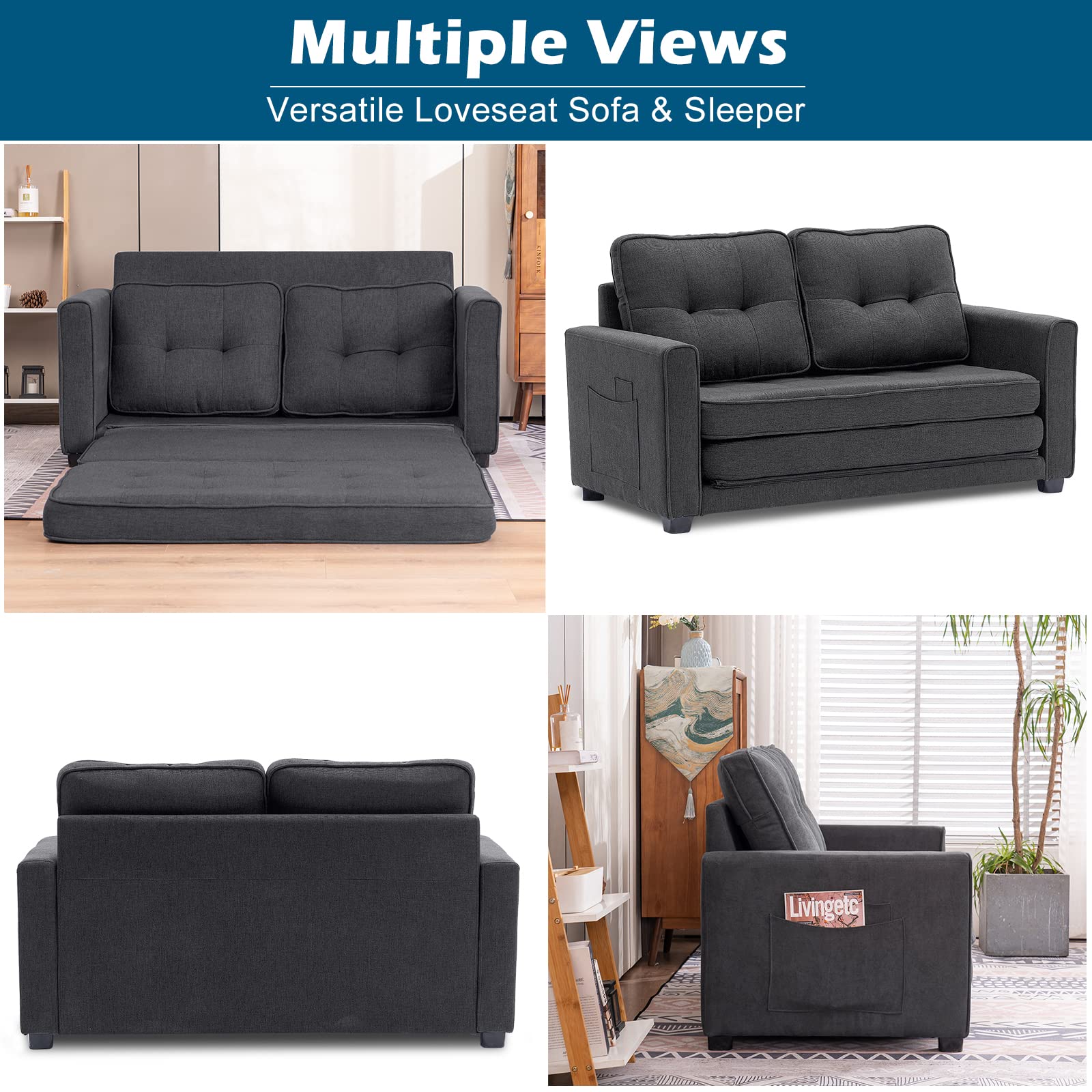 80in Loveseat Sleeper Convertible Loveseat Sofa Bed Black/Navy Blue/Dark Grey/Light Grey/Teal Blue