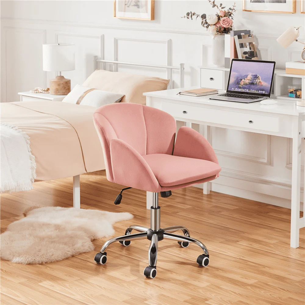 Yaheetech Modern Vanity Chair Swivel Rolling Chair with Armrests, Pink - Image 8
