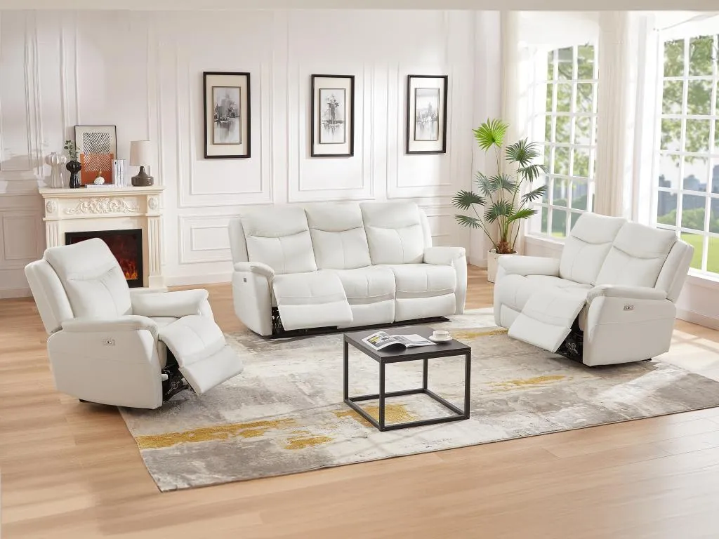 Sofá de 3 plazas y sillón reclinable eléctrico de cuero vacuno blanco Lluesmahome WYVU08611