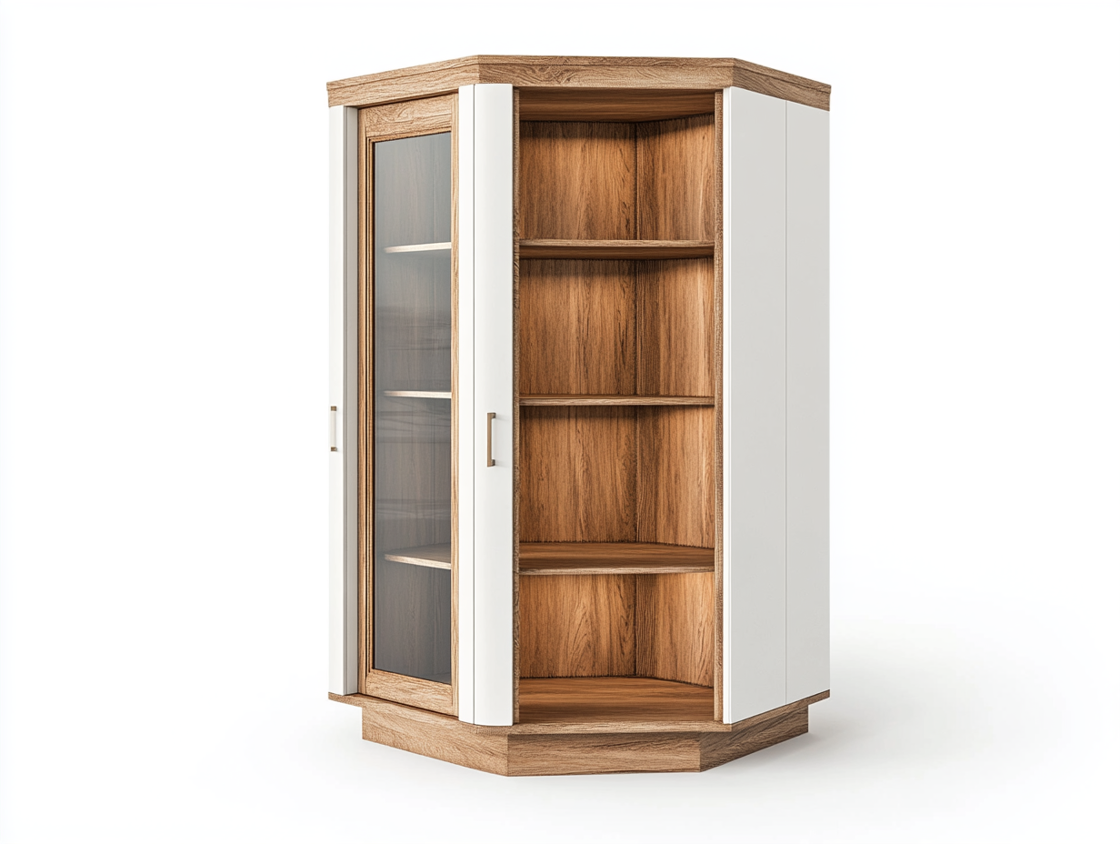 Armario esquinero blanco con puertas de vidrio y estantes interiores, con función de ensamblaje, madera y vidrio, adecuado para sala, comedor o despacho, tamaño: 75x75x200 cm