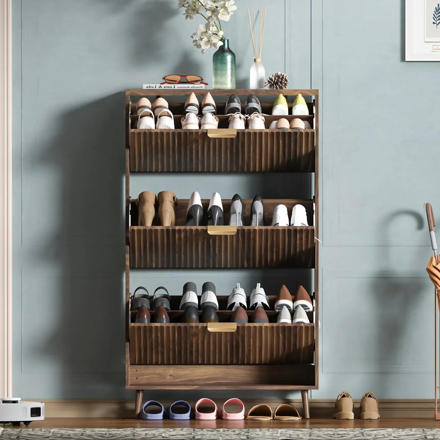 Shoe Cabinet Storage Modern Freestanding Organizer with 2 Flip Drawers Narrow Shoe Rack Cabinet