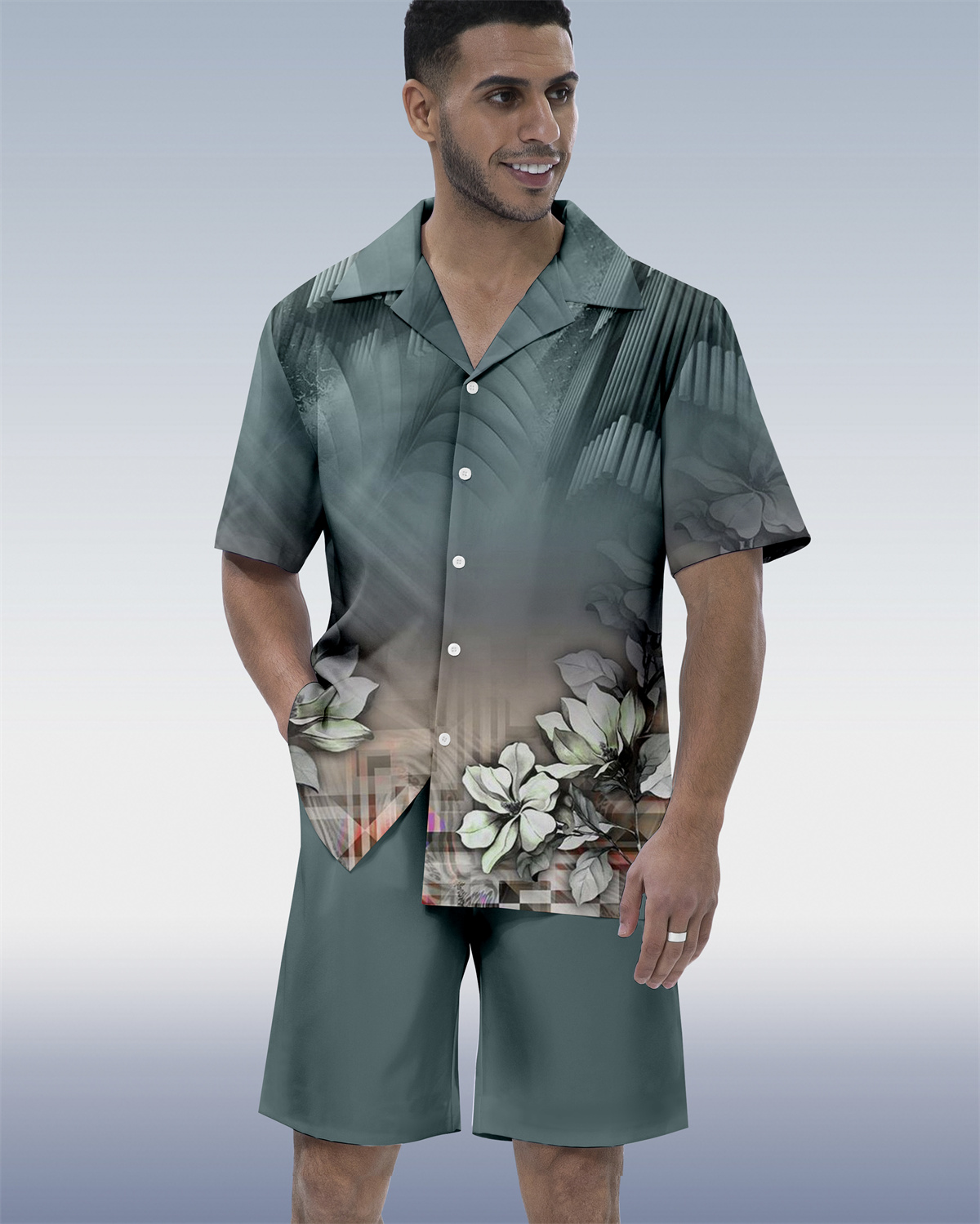 Men's Ombre Contrast Ethnic Print Hawaiian Vacation Short Sleeve Suit 071