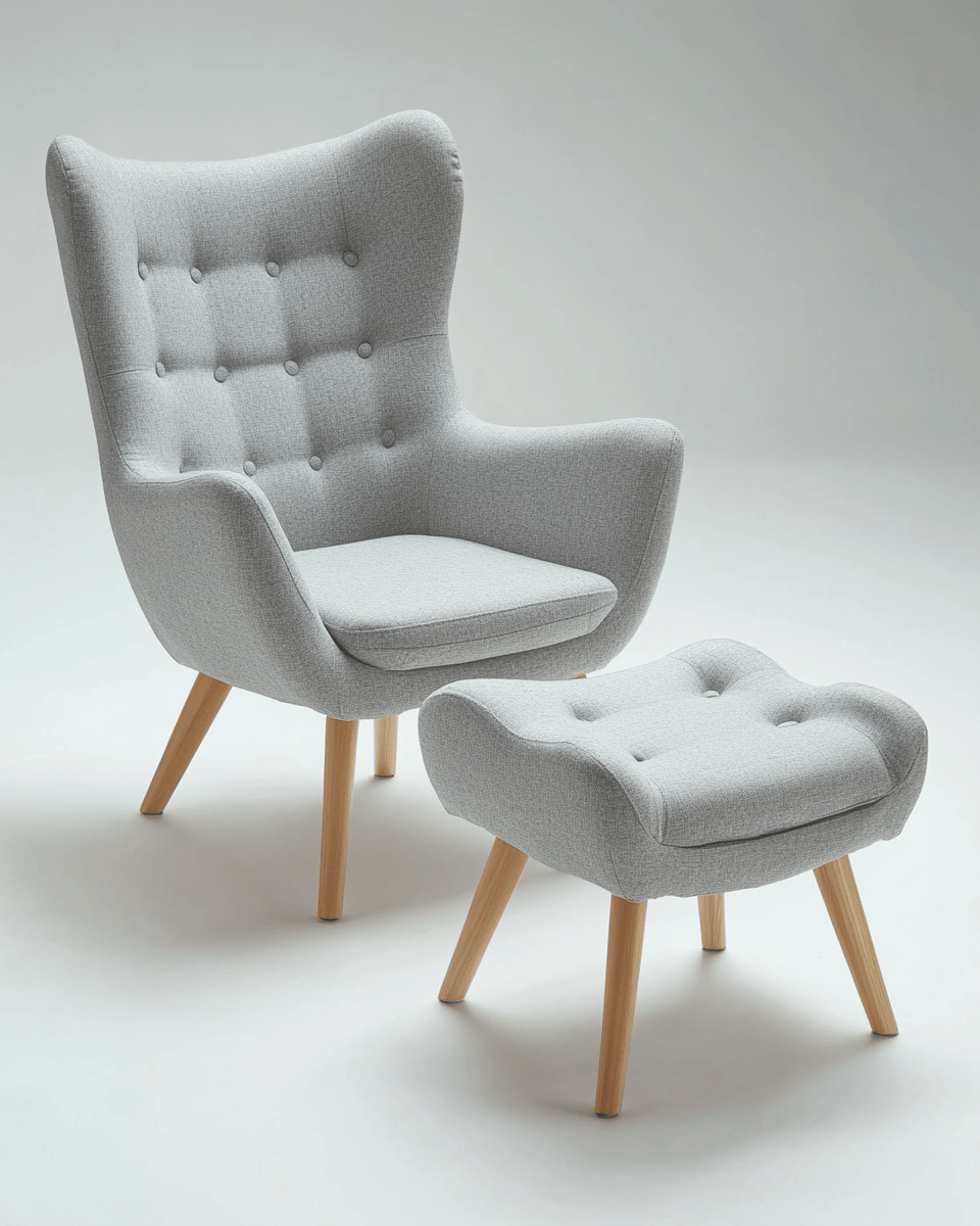 Sillón infantil tapizado en tela 60×65×85 cm – gris claro – con respaldo alto y reposapiés a juego