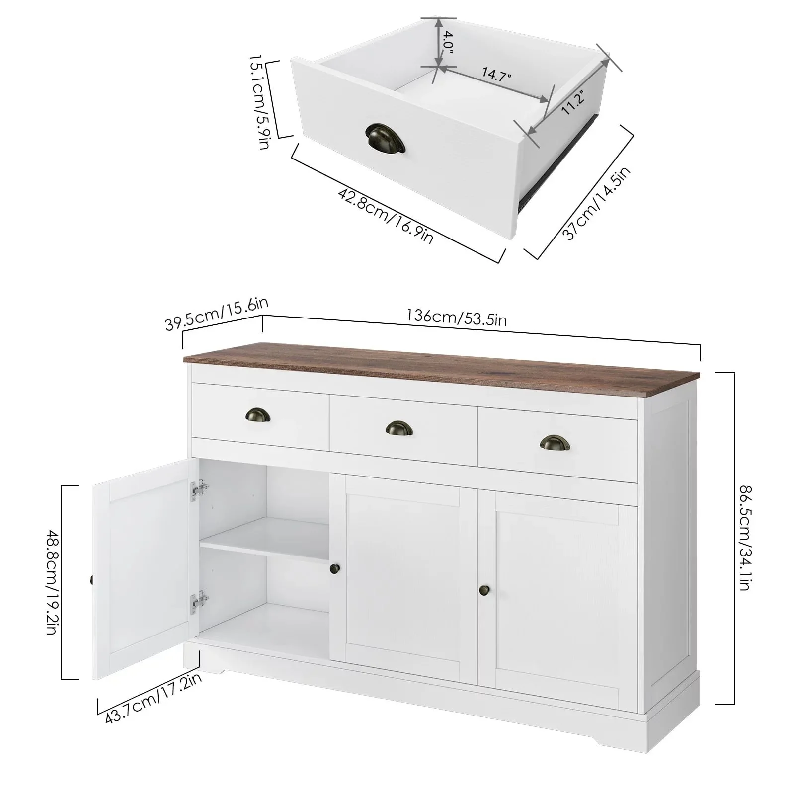 Homfa Sideboard Storage Cabinet with 3 Drawers & 3 Doors, 53.54'' Wide Buffet Cabinet for Dining Room, White - Image 3