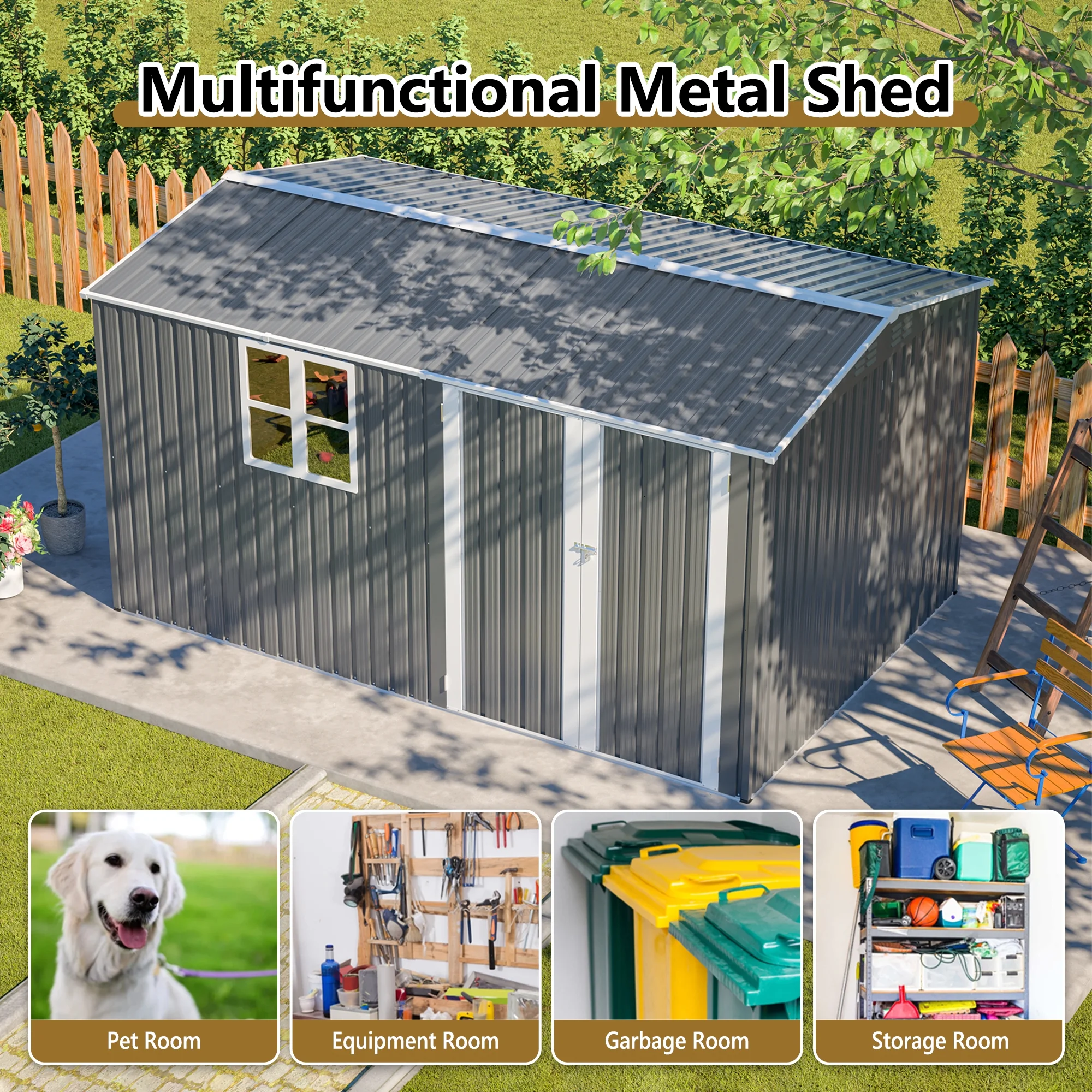 12x8 Ft Outdoor Storage Shed with Floor Frame, Metal Garden Tool Shed with Lockable Doors & Window, Ideal for Backyard Garden Patio Lawn, Grey - Image 7