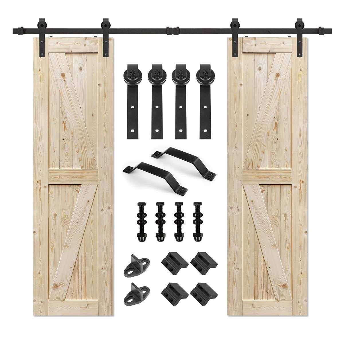SZ TOPHAND 24 in. x 84 in. Double Unfinished British Brace Knotty Barn Door with 8ft Sliding Door Hardware Kit/Solid Wood/Sliding Door/Double(24 in. X 84 in / 8ft)
