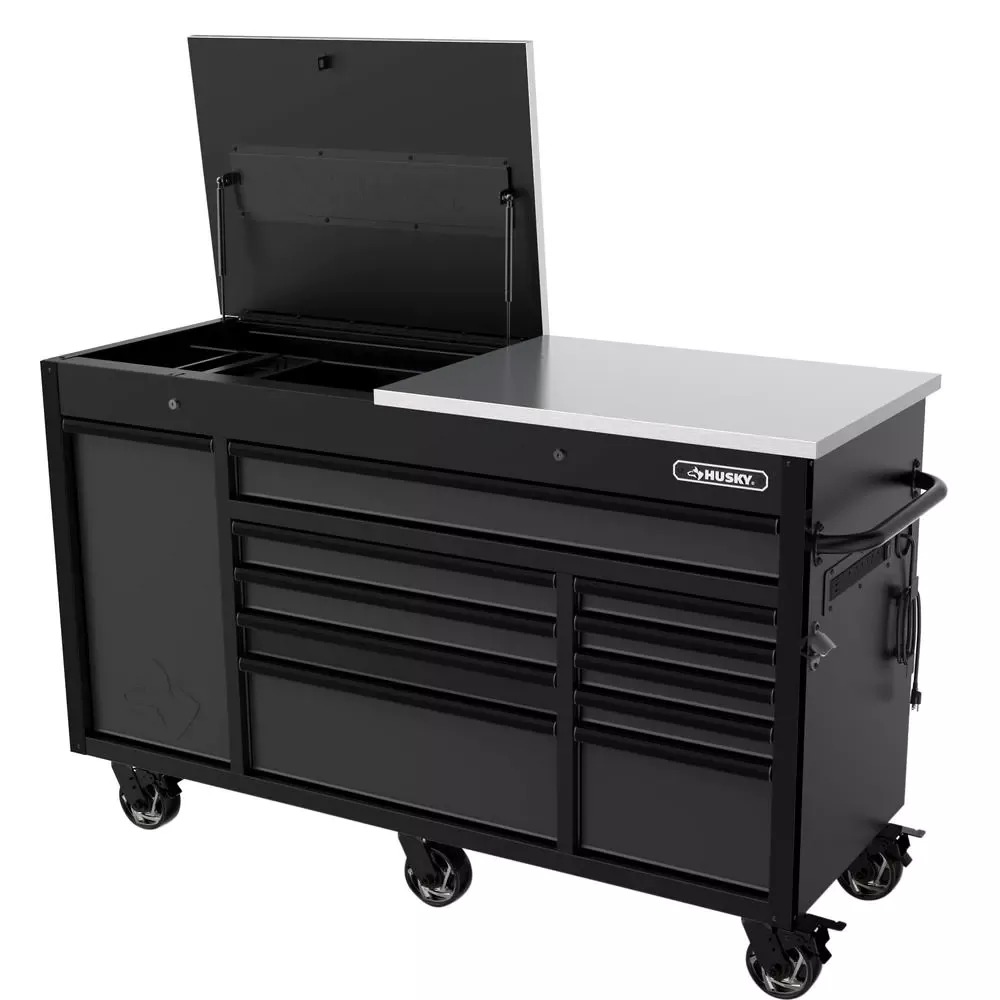 HEAVY-DUTY 63 IN. W 11-DRAWER, DEEP TOOL CHEST MOBILE WORKBENCH IN MATTE BLACK WITH FLIP-TOP STAINLESS STEEL TOP