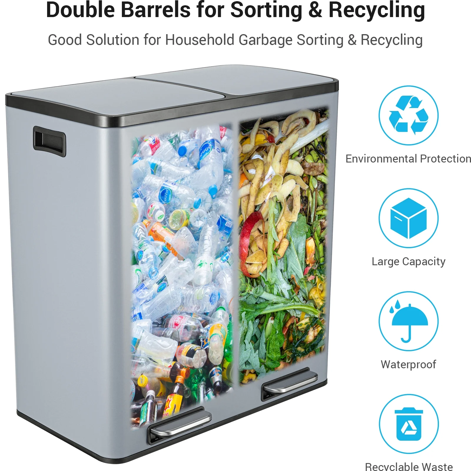 LAZY BUDDY Dual Garbage Can, Stainless Steel 16 Gallon Step Kitchen Trash Can with Soft-Close Lid, Double Compartment Garbage Recycling Bin - Image 50