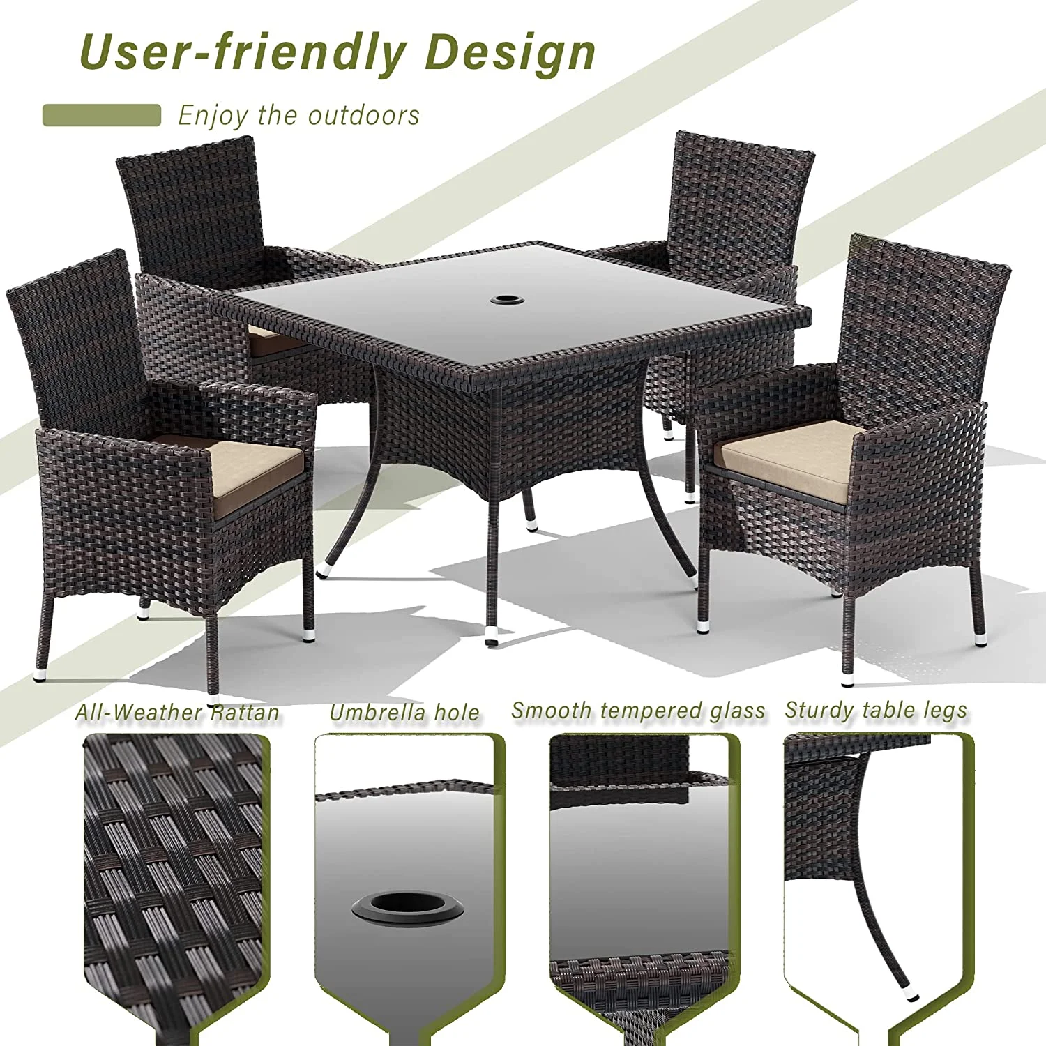 ALAULM 5 Pieces Patio Dining Set Outdoor Rattan Furniture with Square Glass Tabletop 4 Chairs with Cushions for Patio, Backyard Outdoor Kitchen Lawn & Garden Blue - Image 40