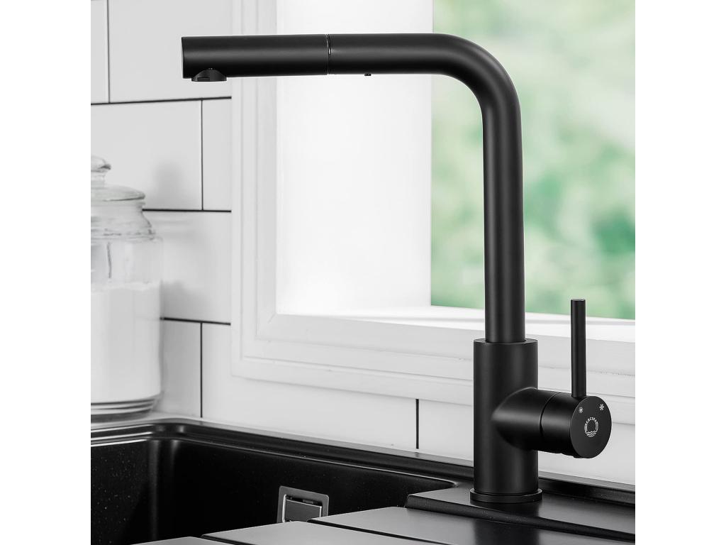 2PCS Grifo mezclador de cocina negro Grifo de ducha de mano Fregadero extraíble Mezclador de fregadero con rociador Caño alto Giratorio de 360 ° Burbuja desmontable de acero inoxidable