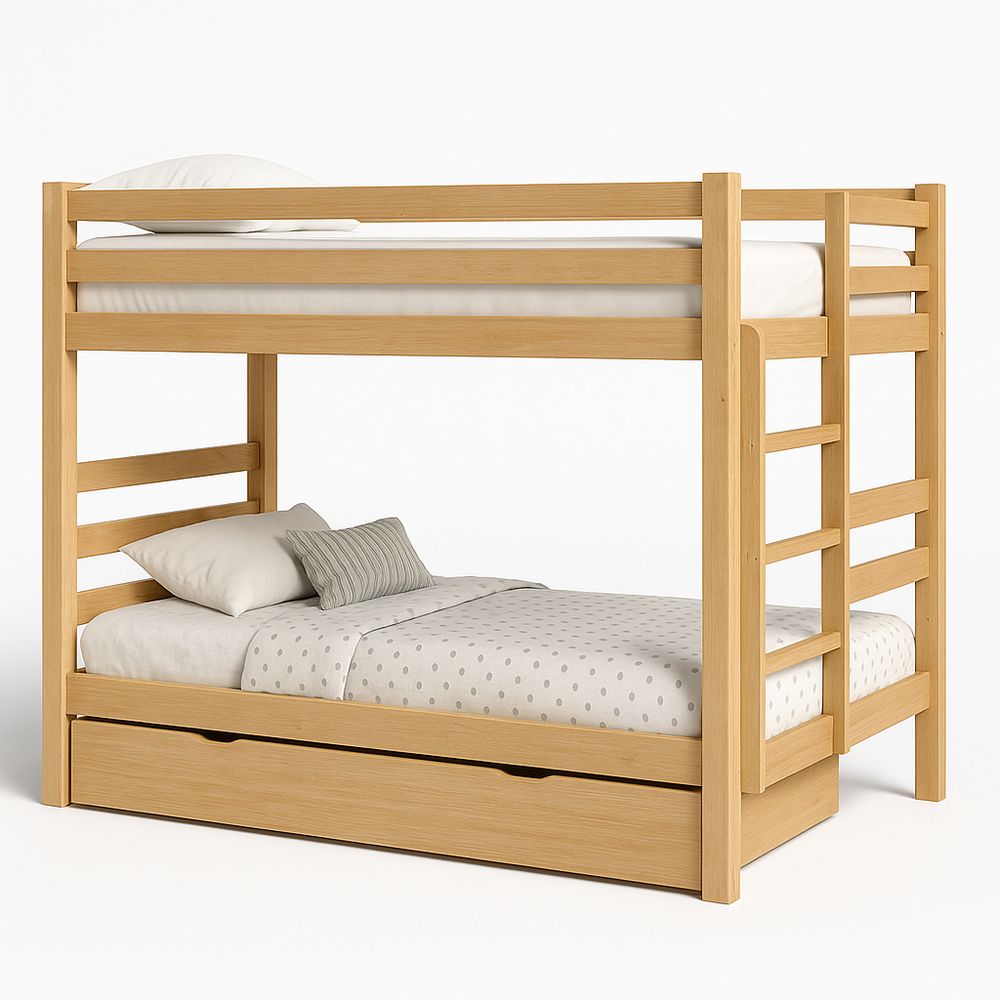 Cama literas de madera con cajón, diseño moderno, funcionalidad doble, estructura resistente, ideal para espacios reducidos, color natural