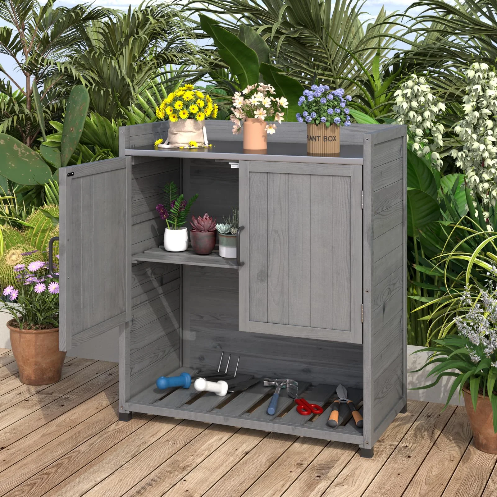 YODOLLA Potting Bench, Wooden Outdoor Storage Cabinet with Adjustable Shelf, Patio Storage with Metal Tabletop, Potting Table for Garden, Patio and Lawns, Gray - Image 2