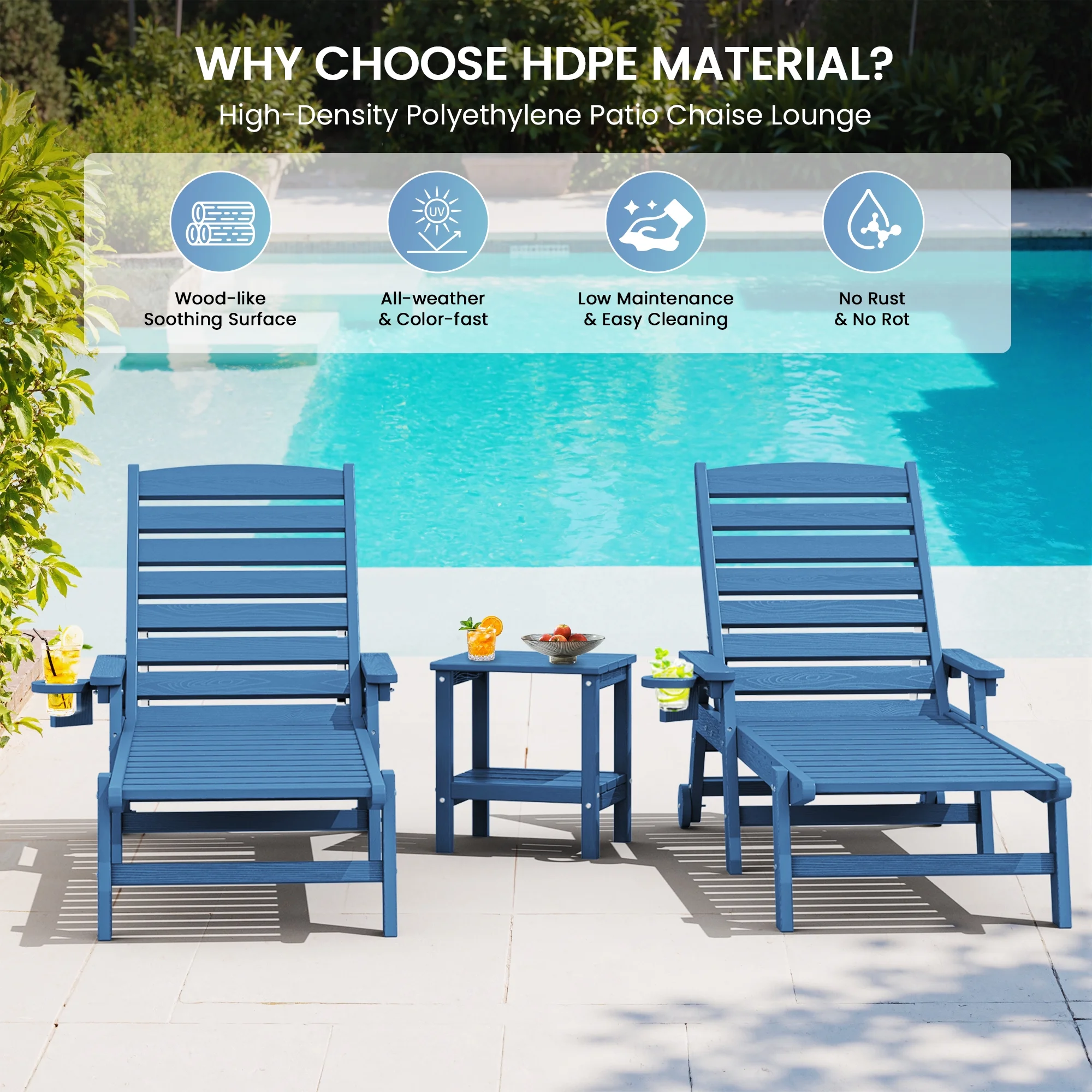SERWALL Patio Chaise Lounge Chair, 78'' HDPE Outdoor Lounge Chair 5 Positions Pool Lounger Navy Blue - Image 4