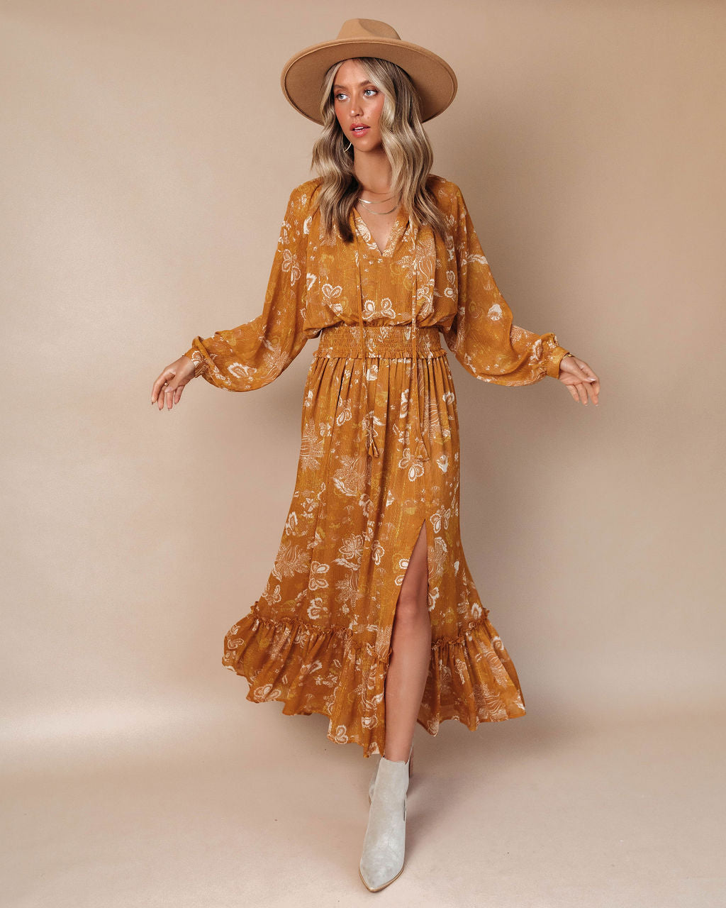 Brooklyn Floral Slit Maxi Dress - Marigold - Se7enfashion