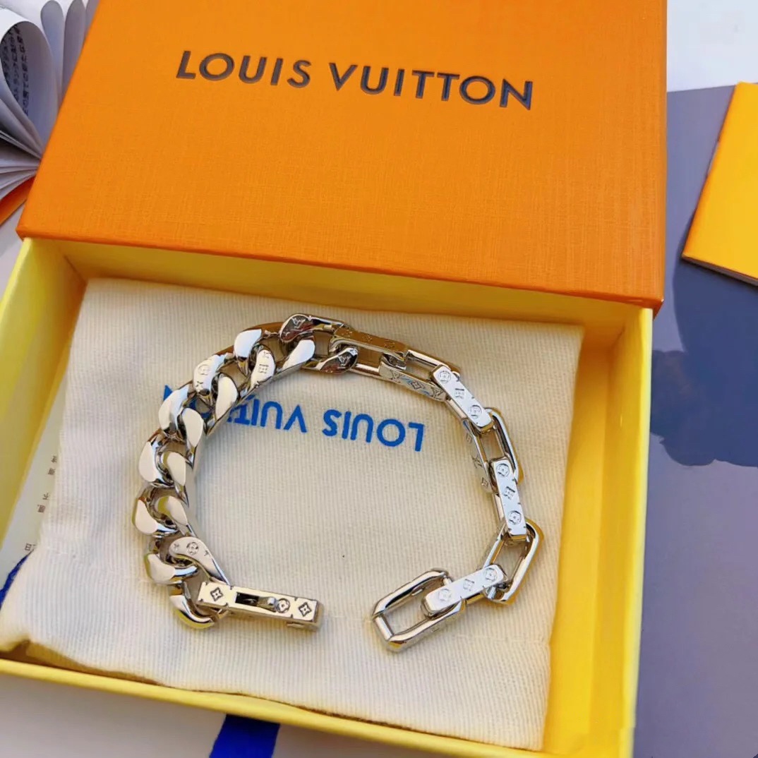 Louis Vuitton Silver Chunky Mixed Cuban Chain Mens Bracelet - Original Replica Club