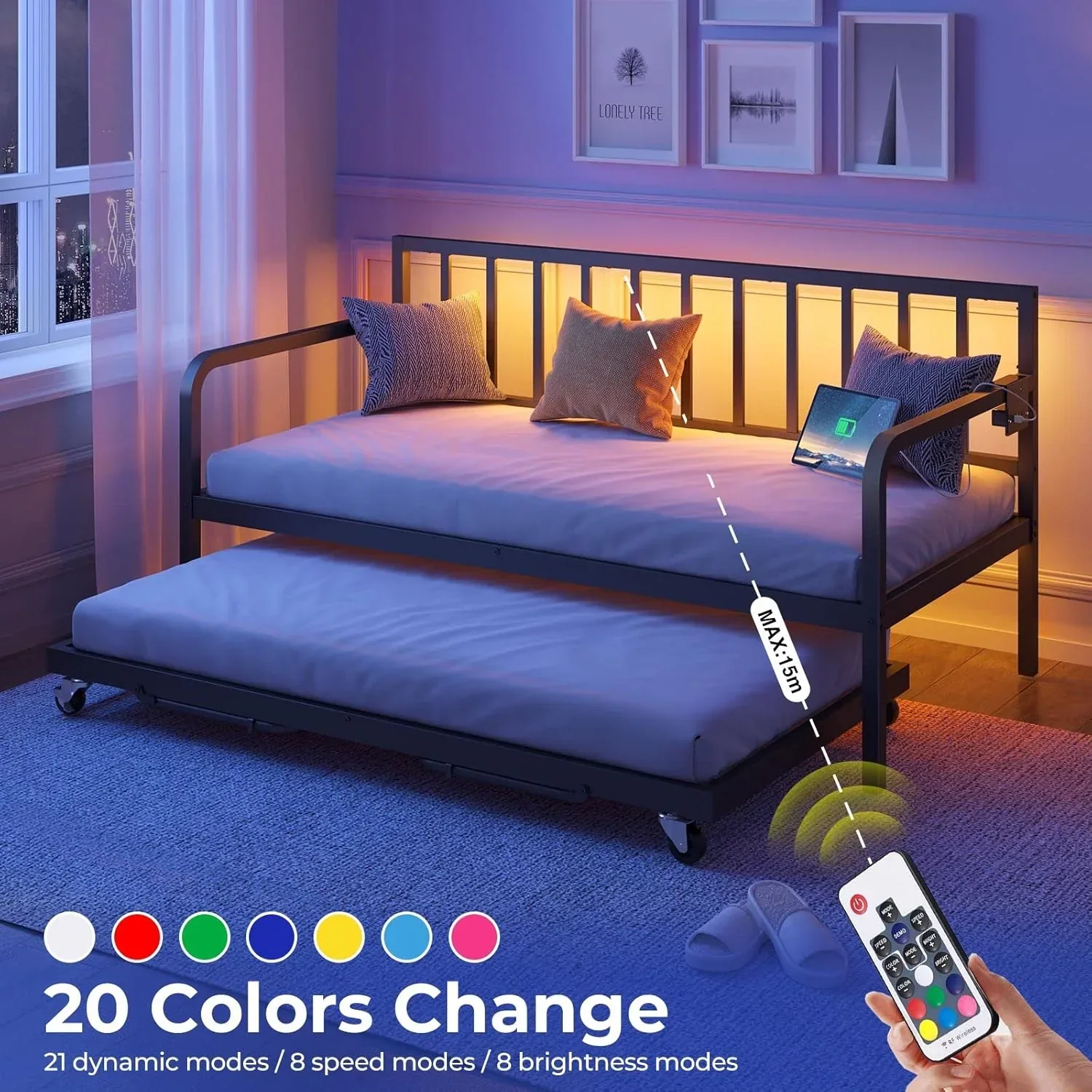 Rolanstar Daybed with Charging Station and LED Lights Height Adjustable Twin Daybed