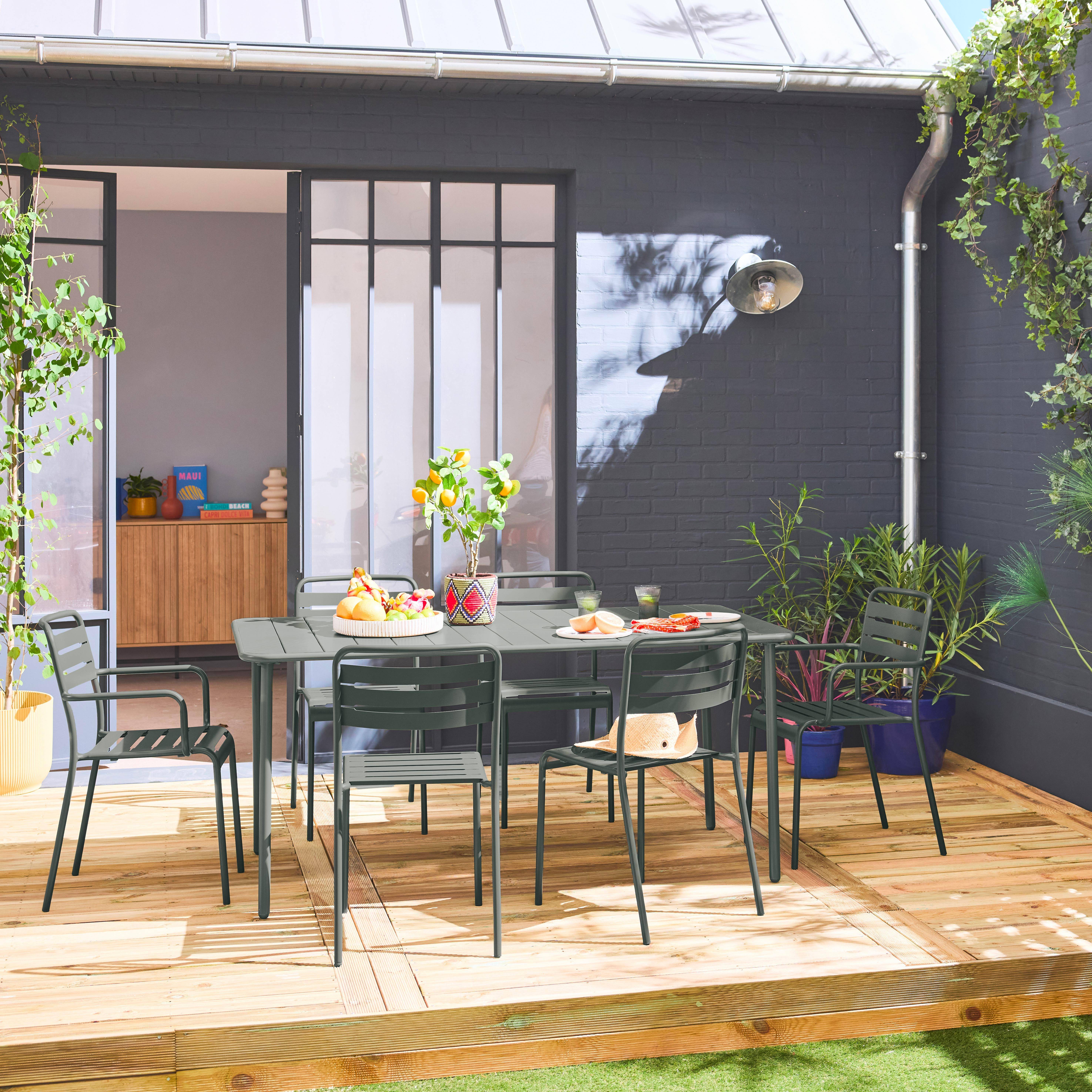 Amelia - Set mesa de jardín bistró de acero con 2 sillones y 4 sillas, 160cm