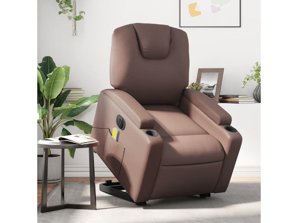 Sillón de masaje elevable eléctrico cuero sintético marrón