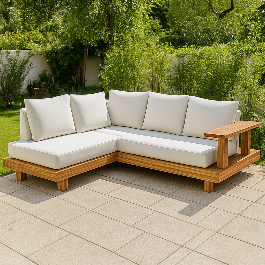 Sofá modular en L con base de madera y cojines blancos – estilo minimalista