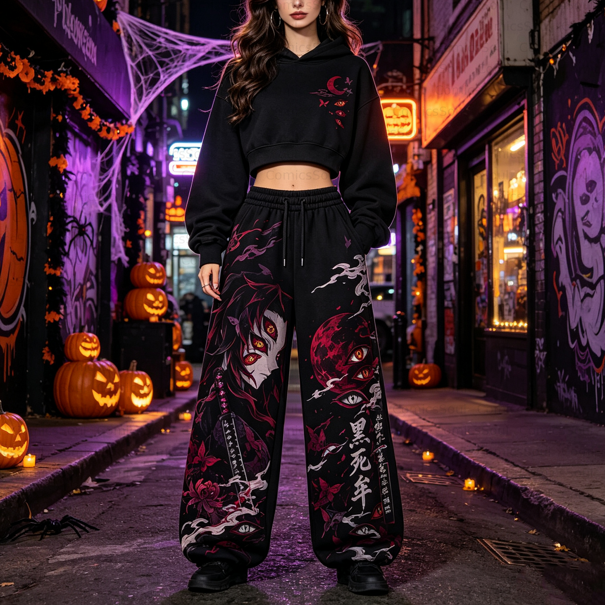 Demon Slayer Cropped Long Sleeve Hoodie & High Waist Jogger Pants Two Piece TeeThreads Sustain the Scene with Custom Apparel