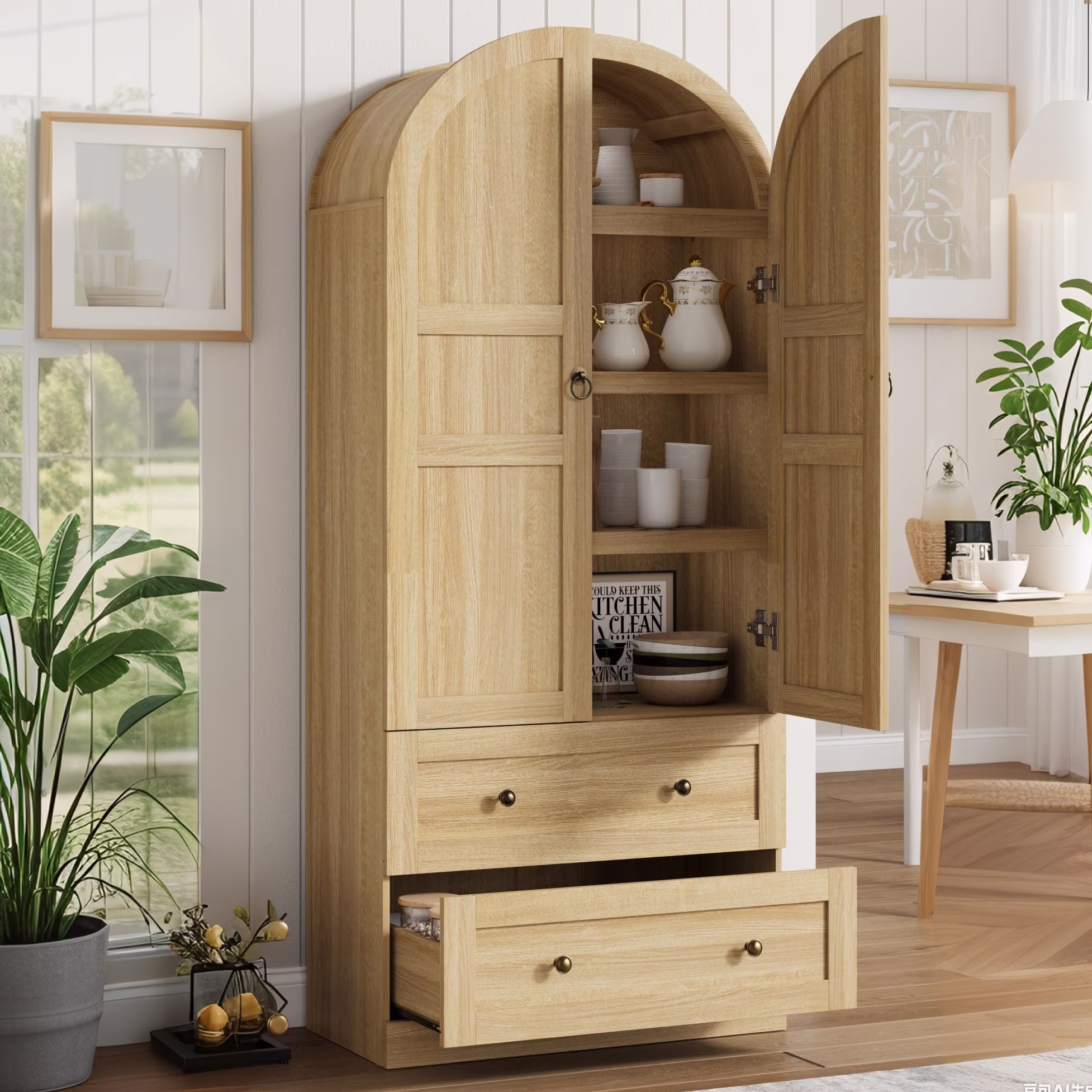 Luku 72" Tall Arched Kitchen Pantry Cabinet, Farmhouse Wood Storage Cabinet with Glass Door, 2 Large Drawers, Freestanding Organizer for Dining Room & Living Room - Image 5