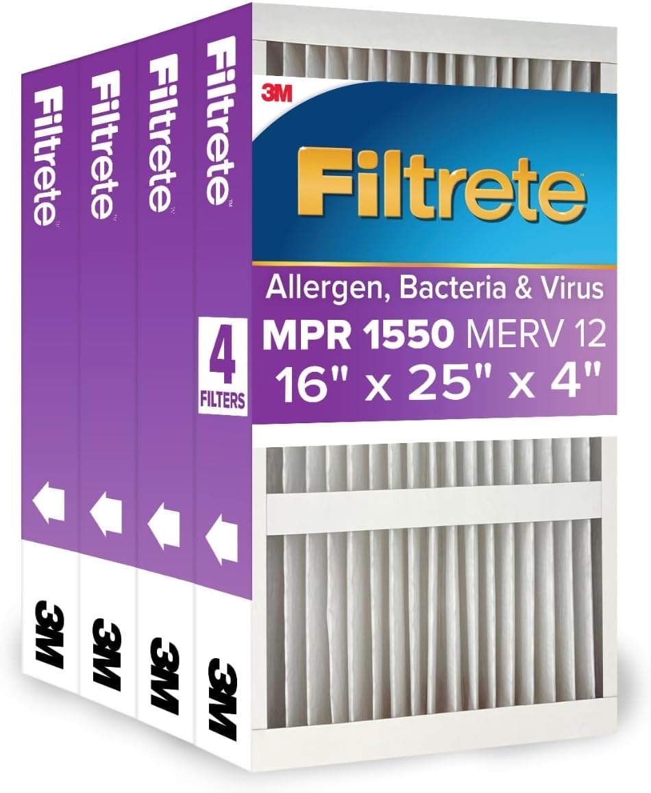 WAYFAIR Filtrete 20X25X4 AC Furnace Air Filter, MPR 1550, MERV 12, Fits Lennox & Honeywell, Allergen, Bacteria & Virus, , Electrostatic Air Cleaning Filter, 4-Pack (Actual Size 19.88 X 24.63 X 4.31)