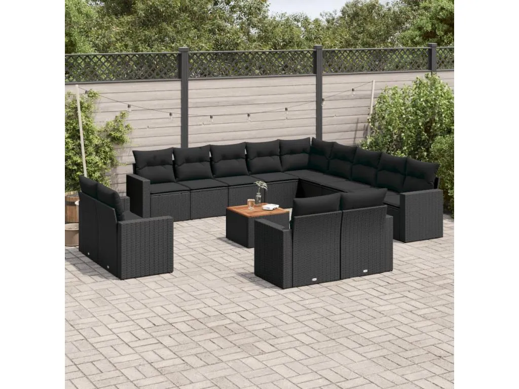 Set sofás de jardín 14 pzas con cojines ratán sintético negro