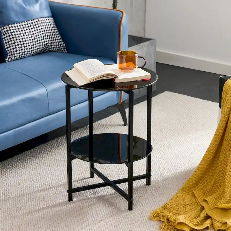 Black 2-Piece Tempered Glass End Table Set - Round Coffee Table for Bedroom, Living Room, and Office