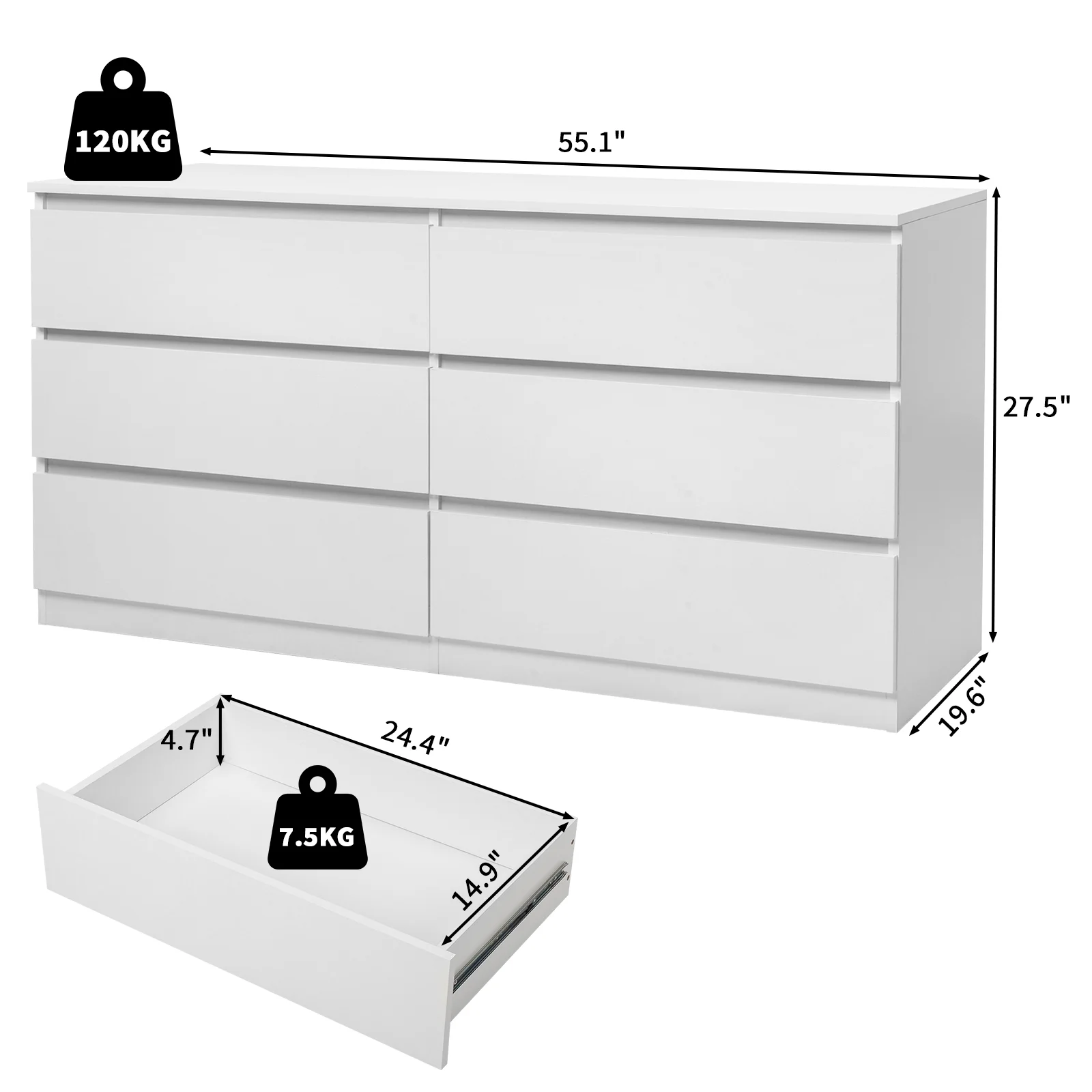 Ktaxon 6 Drawer Double Dresser Wood Dresser Storage Cabinet Drawer Organizer Chest Of Drawers, White - Image 9
