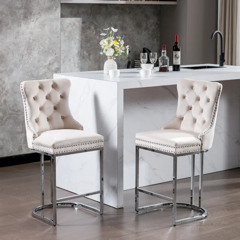 Contemporary Set of 2 Bar Stools with Button-Tufted Back and Studded Trim, Chrome Metal Base - Ideal for Dining Room, Living Room, and Bedroom
