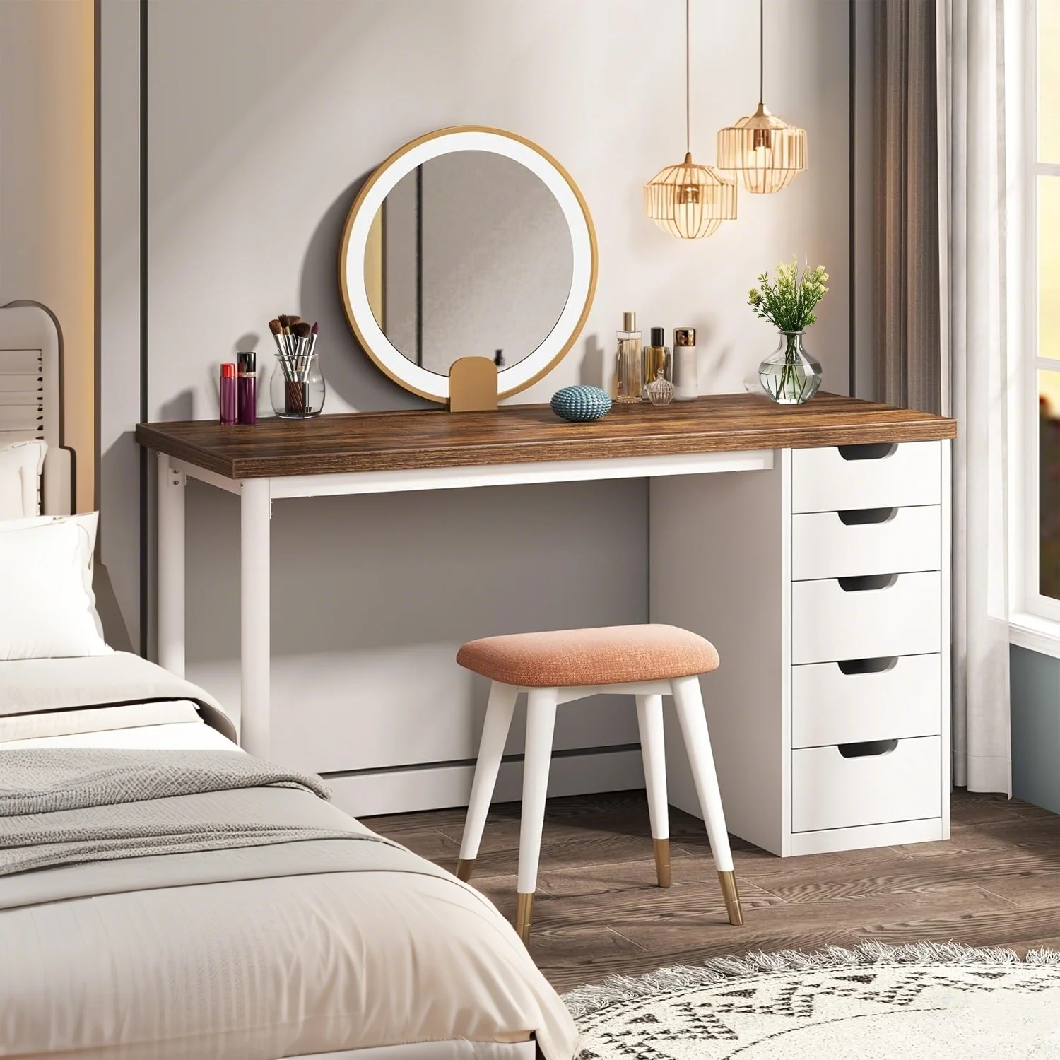 Tribesigns 47 inches Vanity Desk with 5 Drawers, Rustic Makeup Dressing Table with Storage, Modern Simple Computer Desk for Women, Girls (Brown) - Image 8