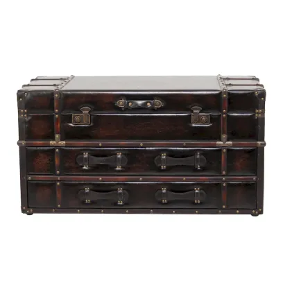 Roche River Decor Faux Leather or Linen Fabric Coffee Table Trunk with 2 Drawers and Buckle Hinged Top - Available in Dark Blue or Brown