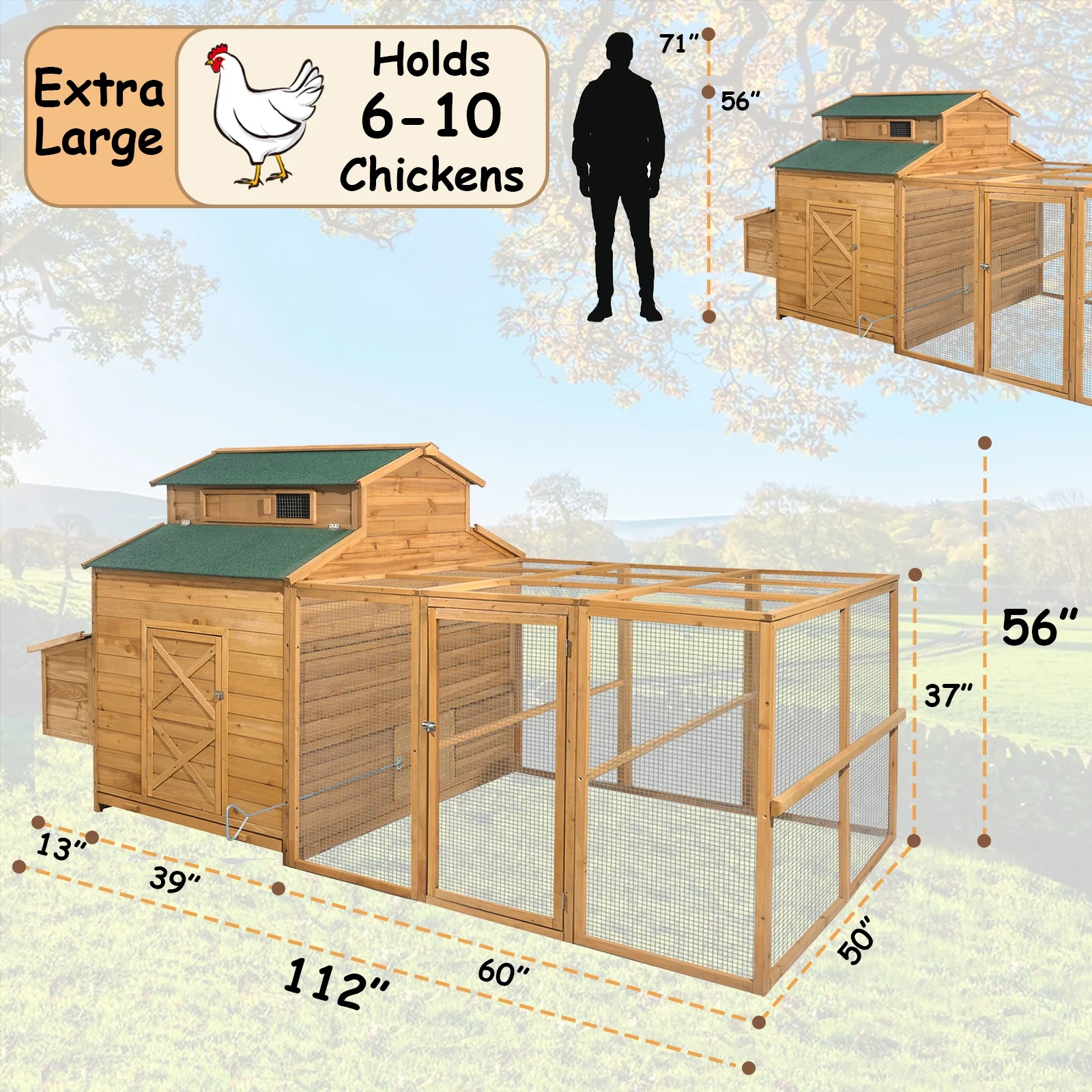 Chicken Coop for 6-10 Chickens, 112" Extal Large Chicken Coops, with Chicken Run & Nesting Box & Secure Enclosure, Outdoor Wooden Hen House Hutch for Rabbit, Poultry Pet, Duck - Image 9