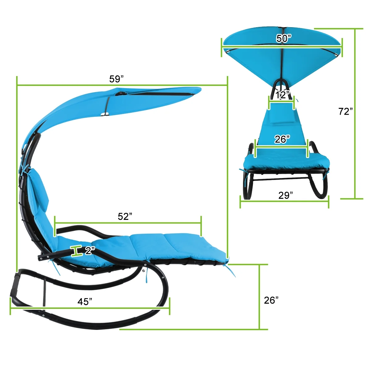 2X Rocking Hanging Lounge Chair - Curved Chaise Rocking Lounge Chair Swing For Backyard Patio w/ Built-in Pillow Removable Canopy with stand {Green} - Image 21