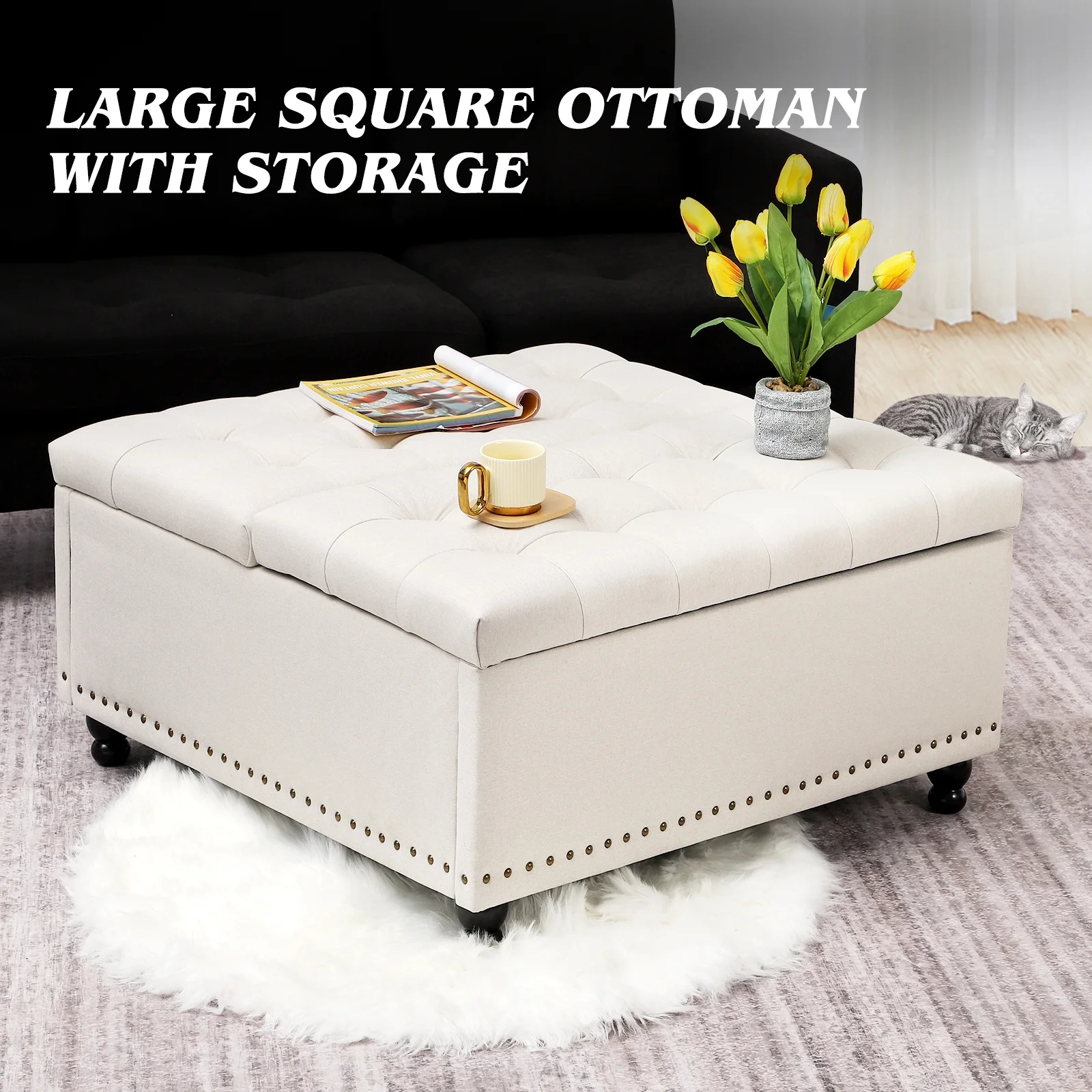 Magic Union 35" Large Square Storage Ottoman, Oversized Square Ottoman with Storage, Tufted Upholstered Ottoman Coffee Table with Lift Top for Living Room (Beige) - Image 6