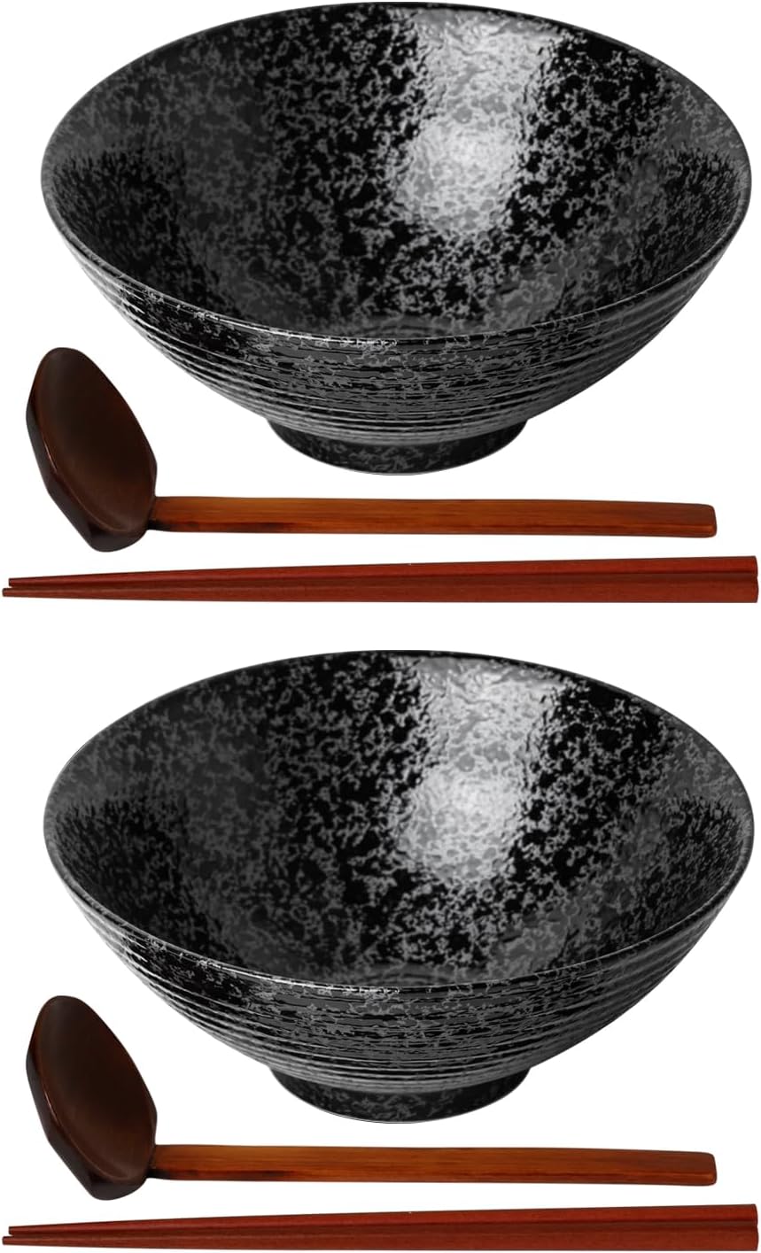 Kanwone Ceramic Japanese Ramen Bowl Set, Noodle Soup Bowls - 60 Ounce, with Matching Spoons and Chopsticks for Udon Soba Pho Asian Noodles, Set of 2, White