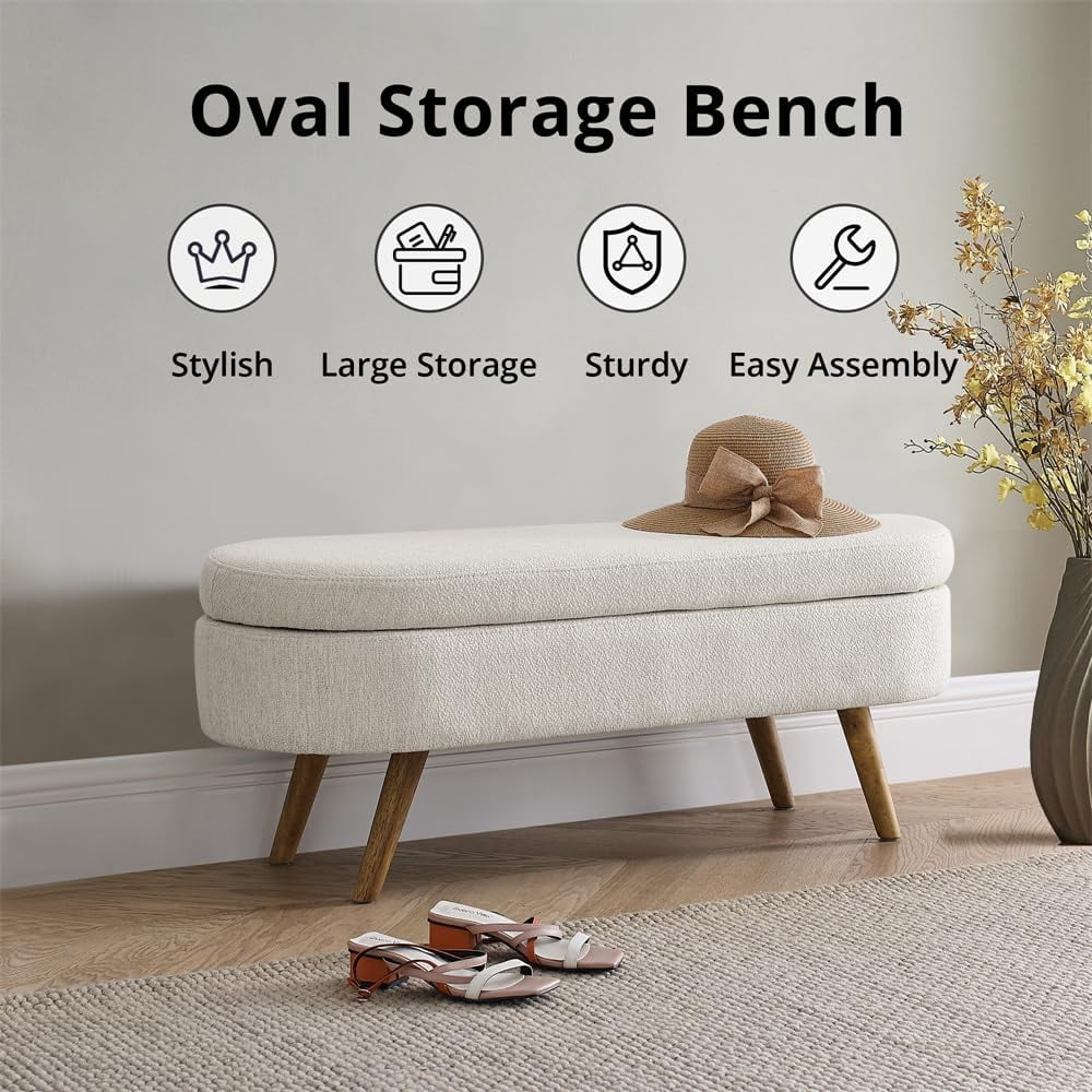 Sumdeal 43.5" Storage Ottoman Bench with 250lb Seating, Linen Upholstered Wood Legs Safety Hinge Flip Top Oval Foot Rest Long Stool for Sofa Couch Bedroom End of Bed Living Room Entryway, White - Image 15
