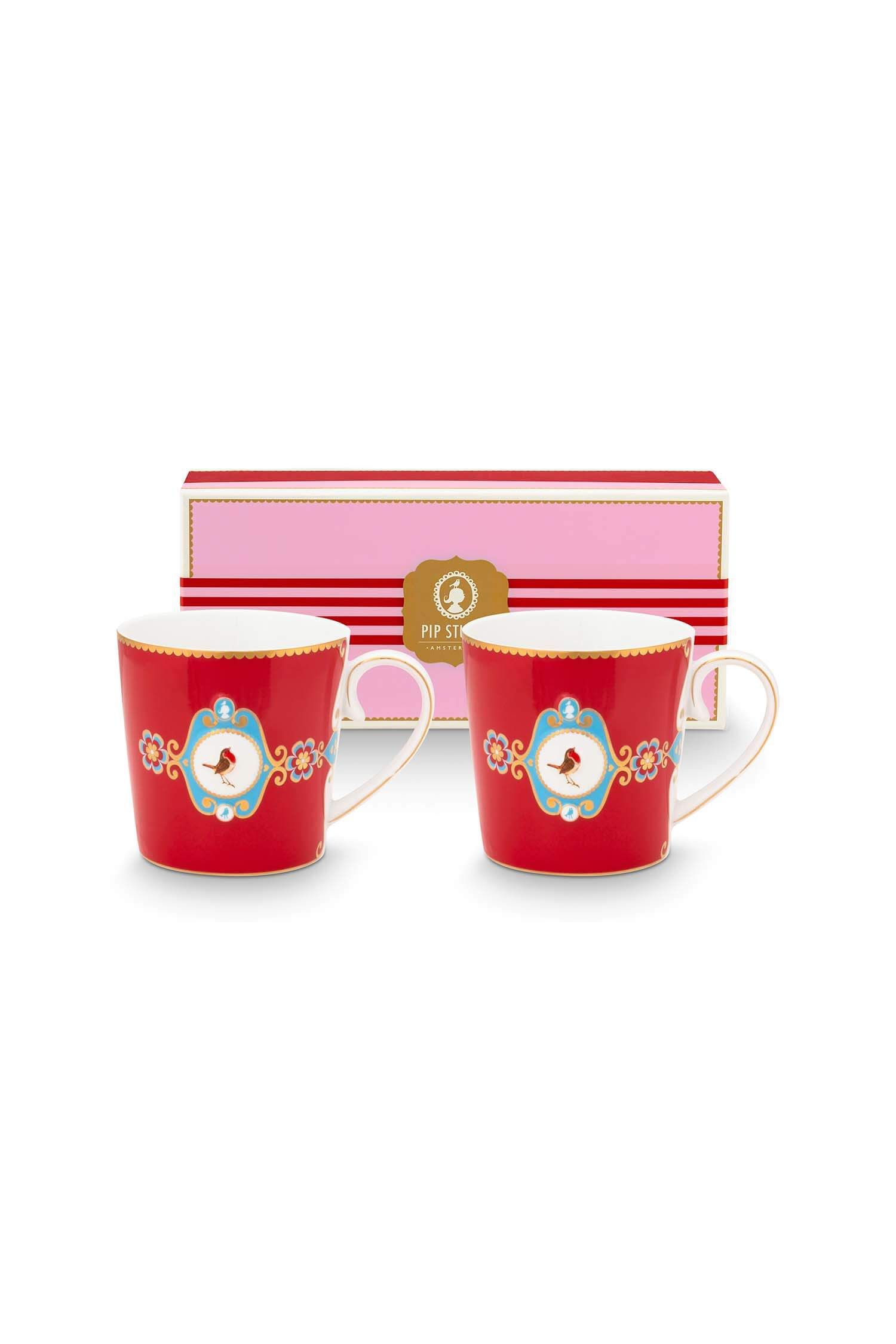Set/2 Mugs Large Love Birds Medallion Red