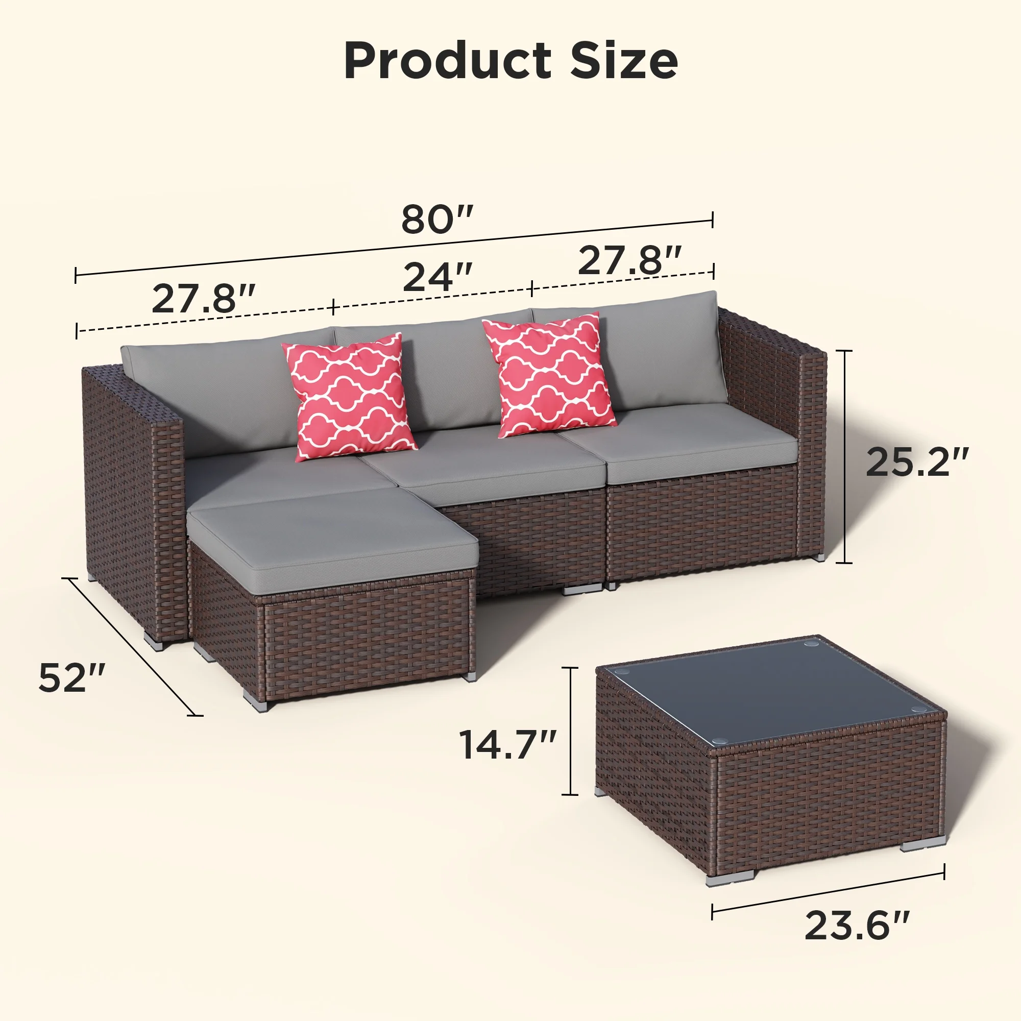 Aiho 7-Piece Rattan Patio Furniture Set , Outdoor Sectional Furniture Set for Patio, Garden, Backyard, Grey - Image 52
