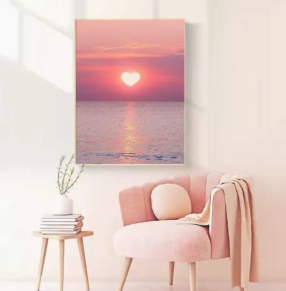 50x70cm Framed Ocean & Pink Healing Wall Art, Nordic Style Canvas Print with PS & Aluminum Alloy Frame, European Minimalist Crystal Porcelain Painting for Living Room