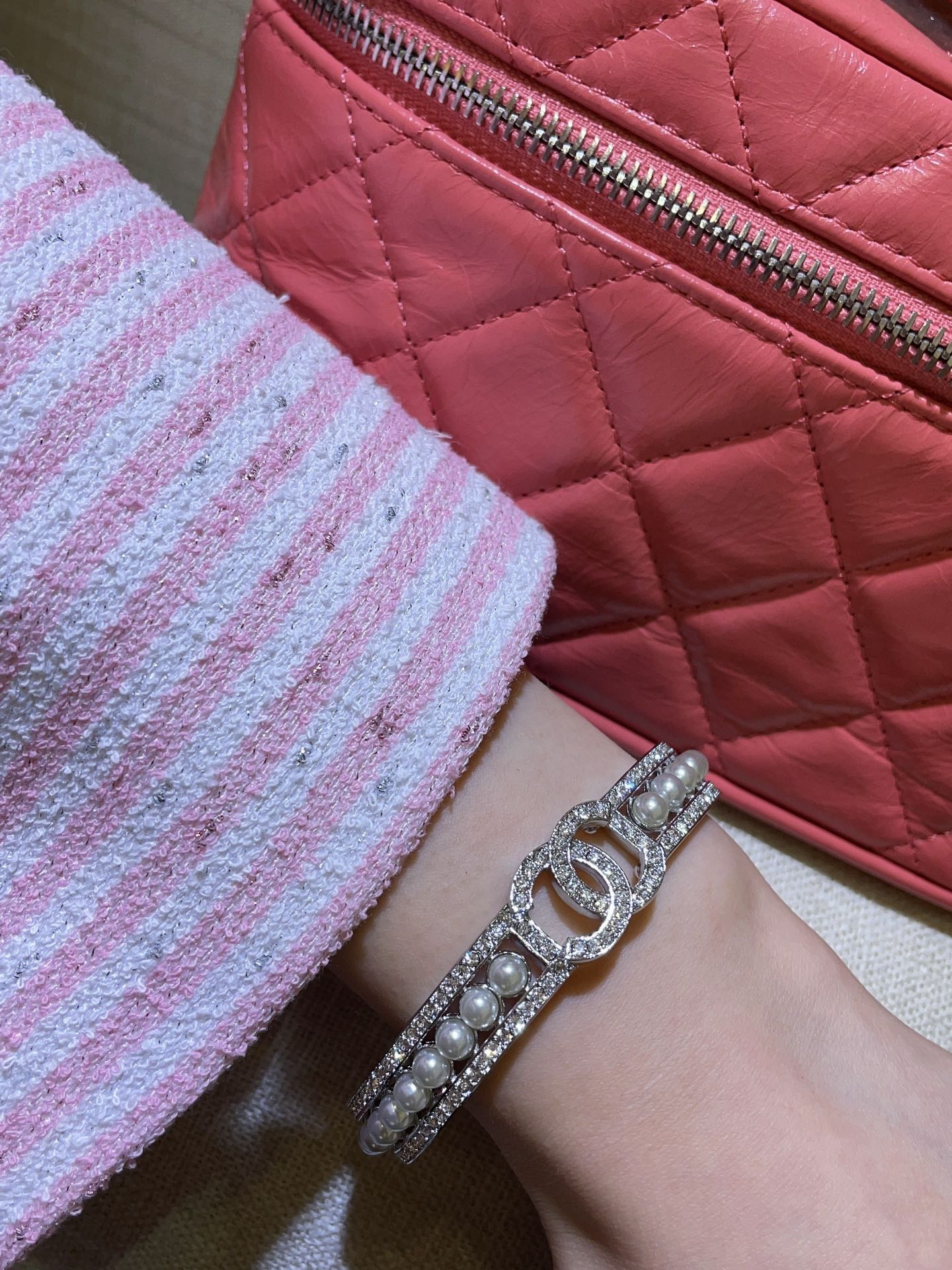 Chanel 24S CC Pearls Silver Cuff Bangle Bracelet - Original Replica Club