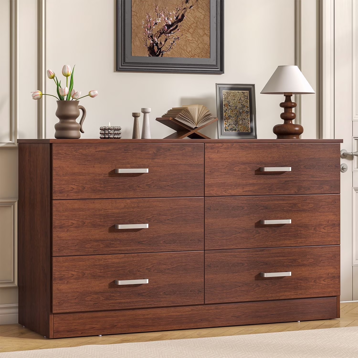 Winkalon 6 Drawer White Double Dresser, Wood Storage Cabinet with Easy Pull Out Handles for Living Room,Chest of Drawers for Bedroom