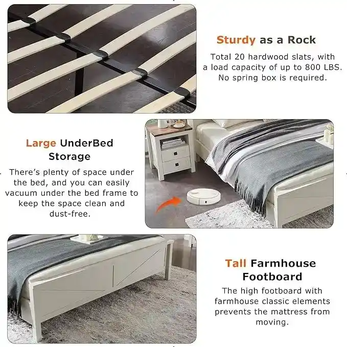 Farmhouse Platform Bed with Storage Headboard Sliding Doors and Charging Station