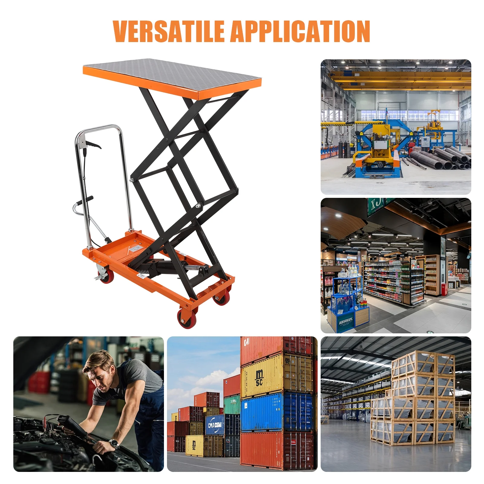 Hydraulic Lift Table Cart - 770 lbs Capacity, Adjustable Up to 59" Lifting Height, Manual Double Scissor Lift Table with 4 Wheels & 3mm Non-Slip Pads for Safe Material Handling & Transport, Orange - Image 7