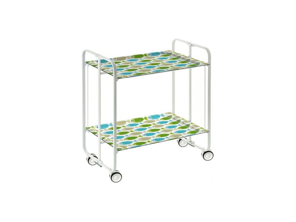 Carrito auxiliar plegable con ruedas - Estructura metálica blanca, 2 estantes laminados Decorado Peces verdes y azules – 72*66*43 cm - BAUHAUS