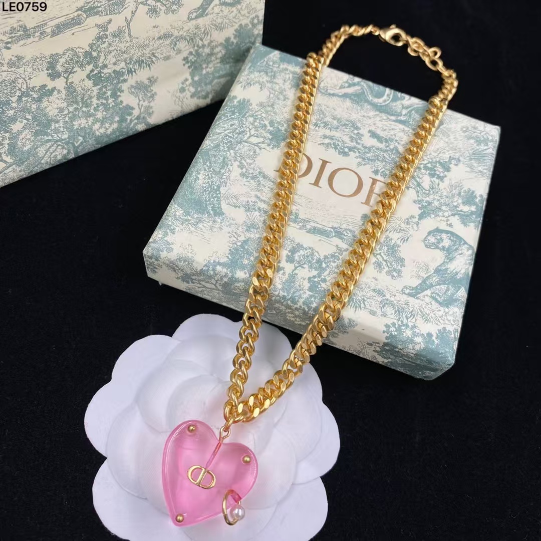 Dior Chunky Cuban Chain Big Pink Heart Pendant Necklace - Original Replica Club